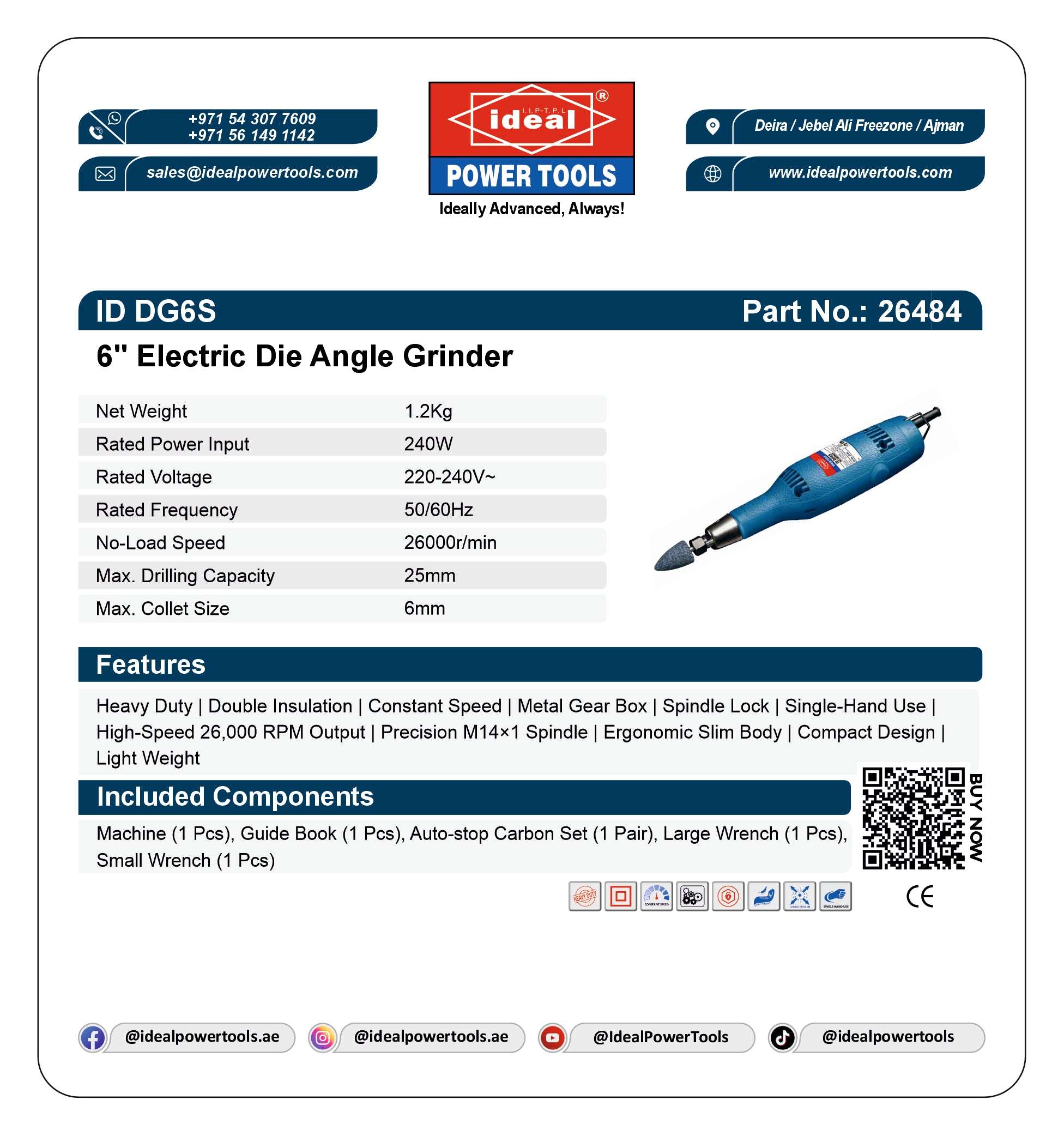 A product information card for the Ideal Power Tools 6-inch Electric Die Angle Grinder (ID DG6S, Part No. 26484).