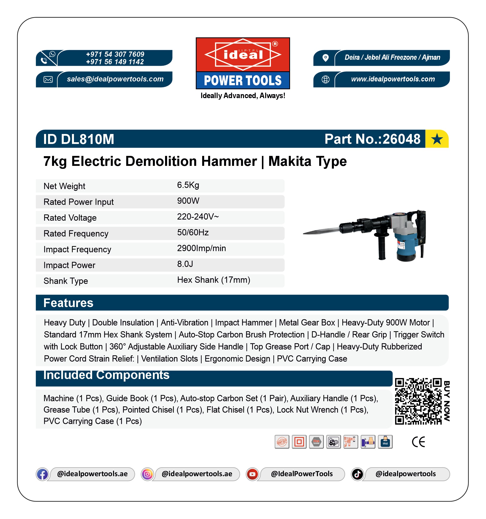 A product card for the Ideal Power Tools ID DL810M 7kg Electric Demolition Hammer. The card features the Ideal Power Tools logo, product specifications, a small product photo showing the hammer and its carrying case, a list of features, and an included components table with a QR code.