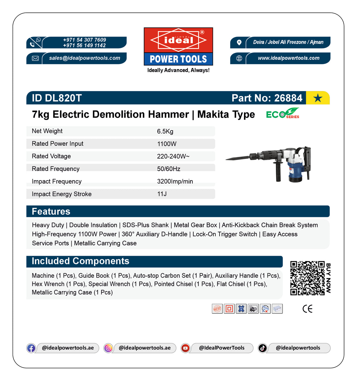 A product information card for the Ideal Power Tools 6.5kg Electric Demolition Hammer, model ID DL820T. The card features the Ideal Power Tools logo, technical specifications, a small product illustration, a list of included components, and a QR code on a white background.