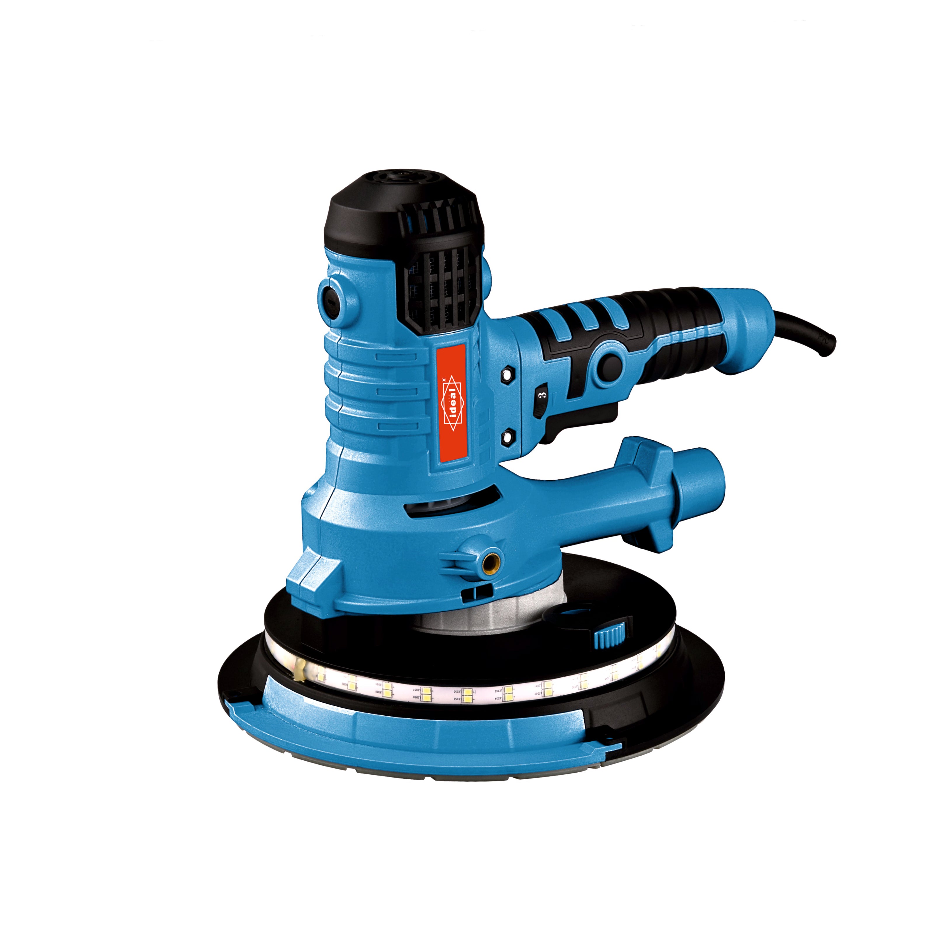 A blue and black orbital sander with a circular sanding disc, shown against a plain white background.