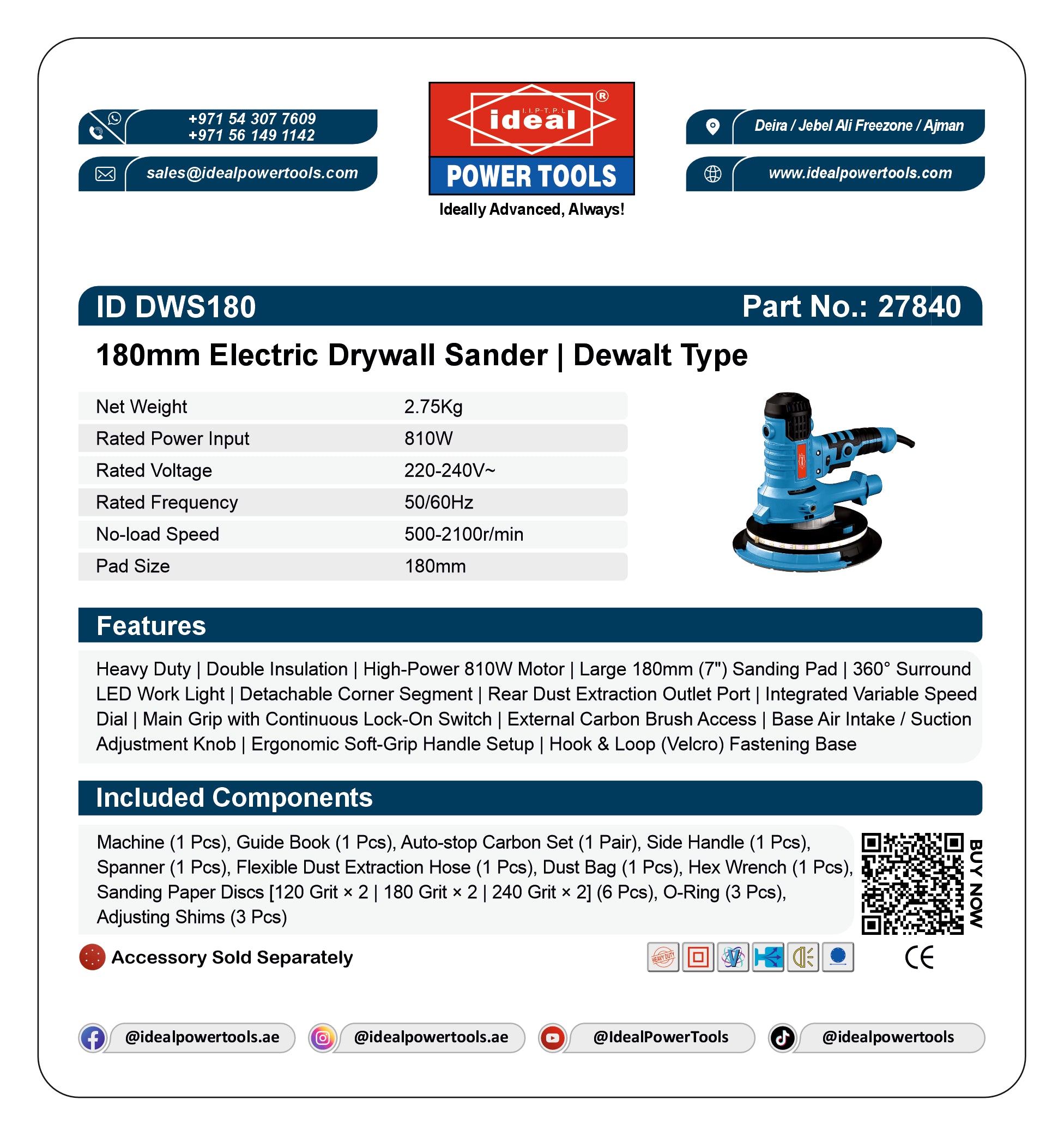 A white product information card for the Ideal DWS180 Electric Drywall Sander, showing the product name, part number 27840, specifications, features, included components, and contact details. A small product photo of the sander is shown on the right side.