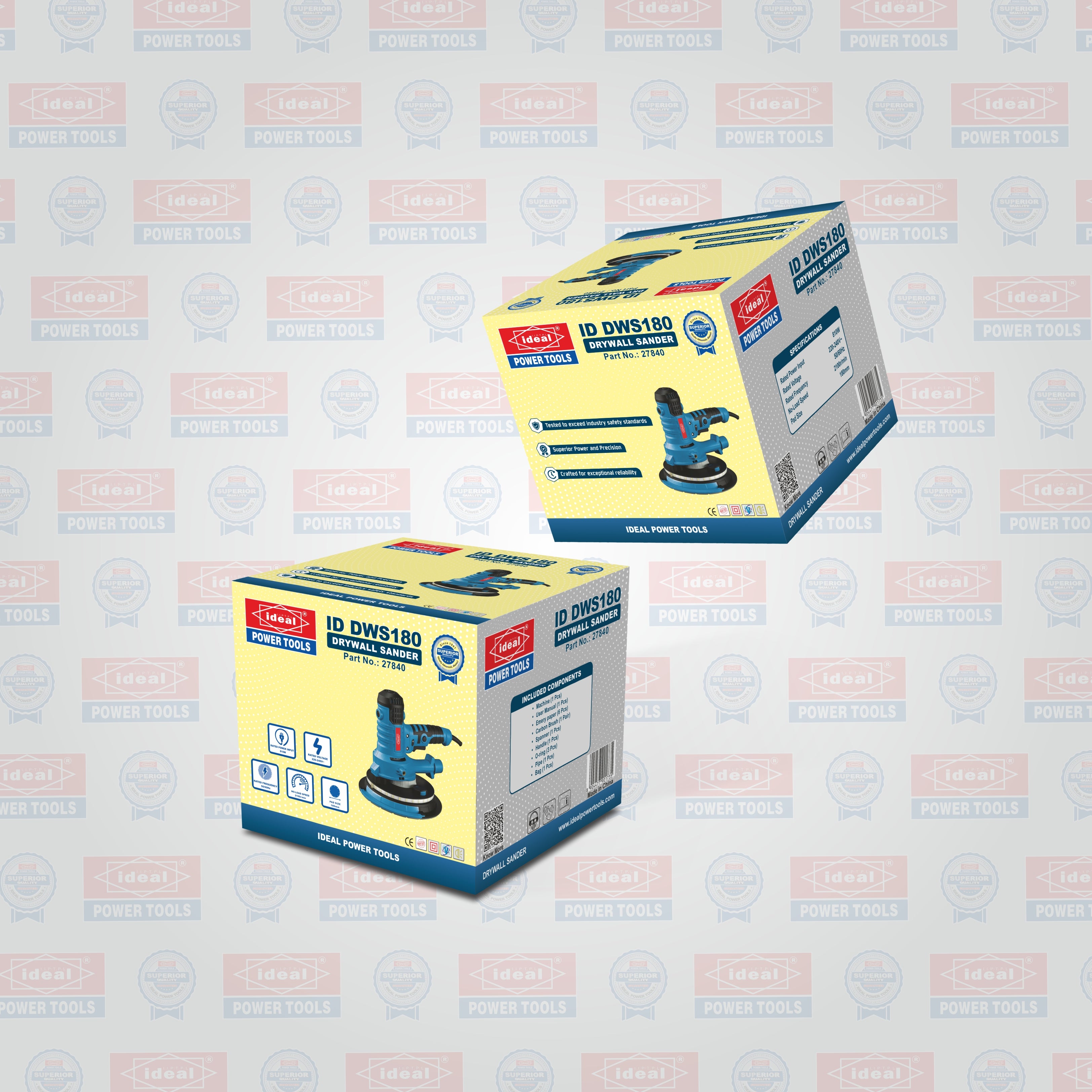 Two boxes of a drywall sander on a light gray background with brand logos.