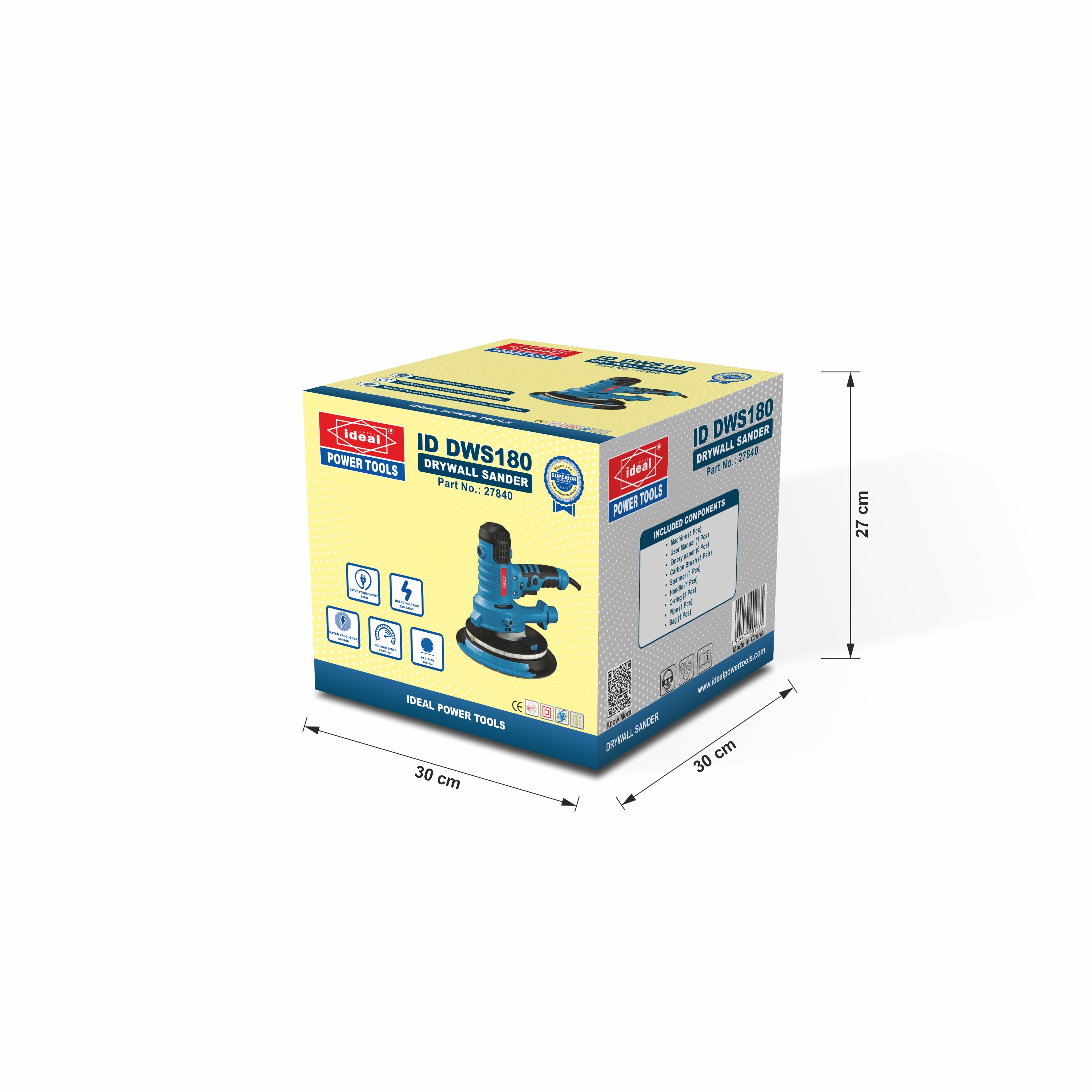 Box of an Ideal Power Tools drywall sander with dimensions on a white background