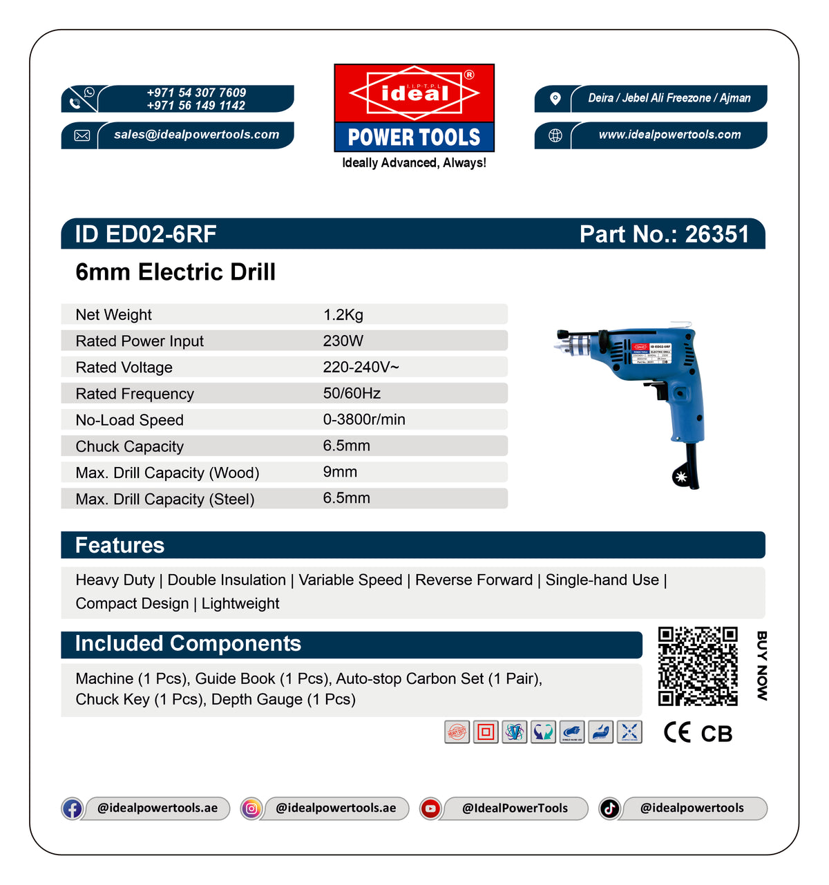 Product label for 6mm Electric Drill with specifications and branding details.