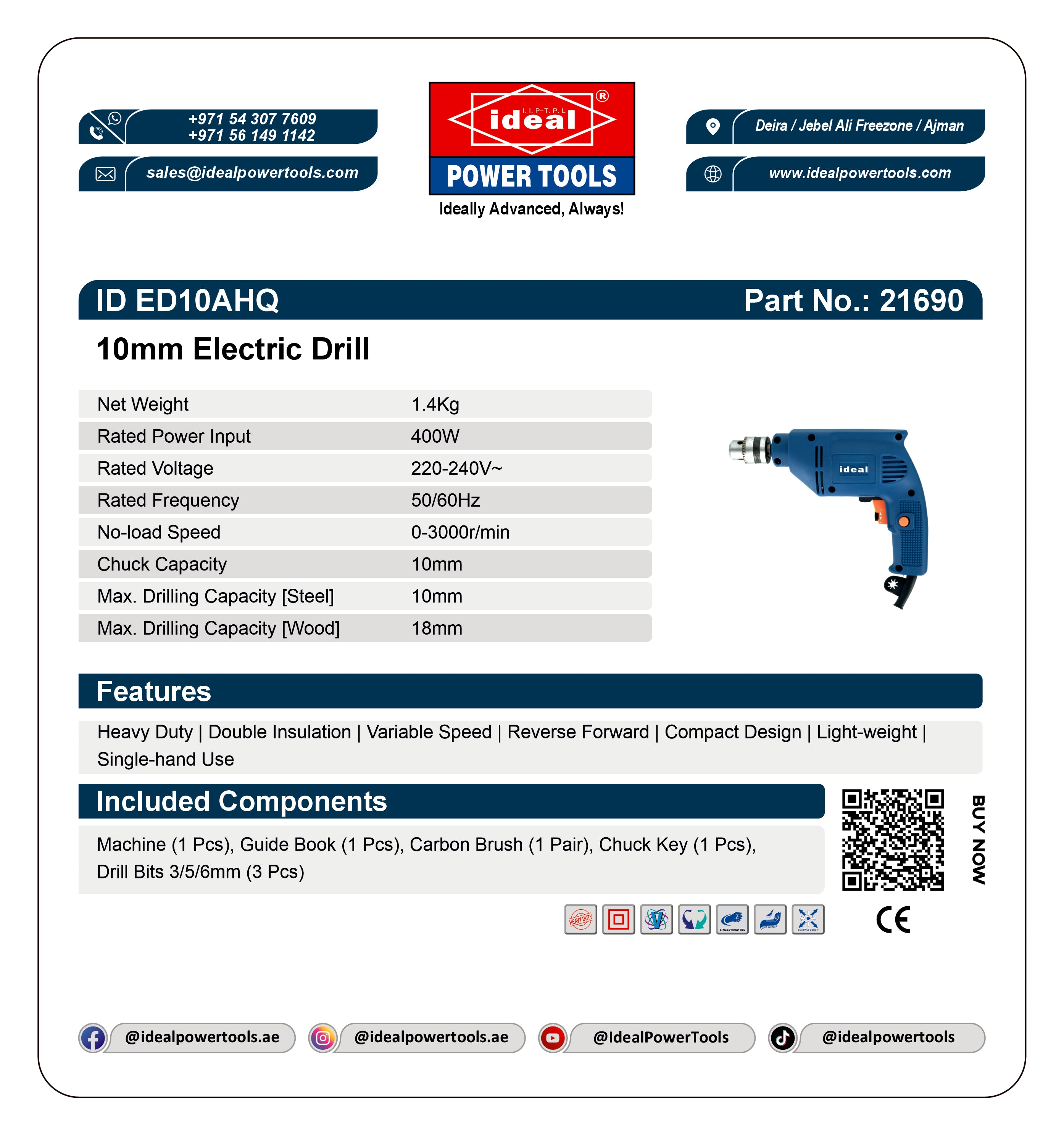 Product card for 10mm Electric Drill ID ED10AHQ with specifications and features listed.