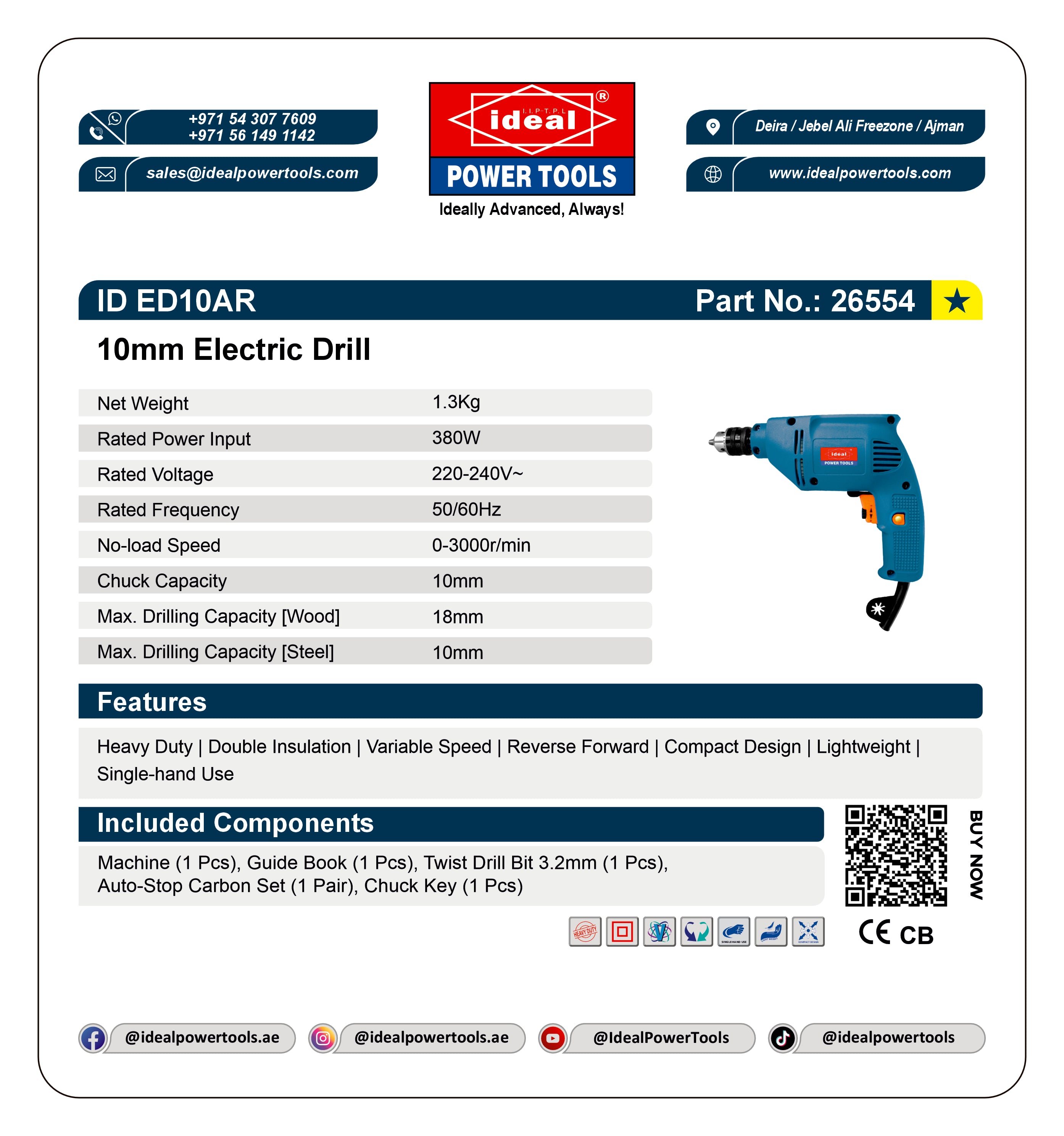 Product card for 10mm Electric Drill ID ED10AR with specifications and branding details.