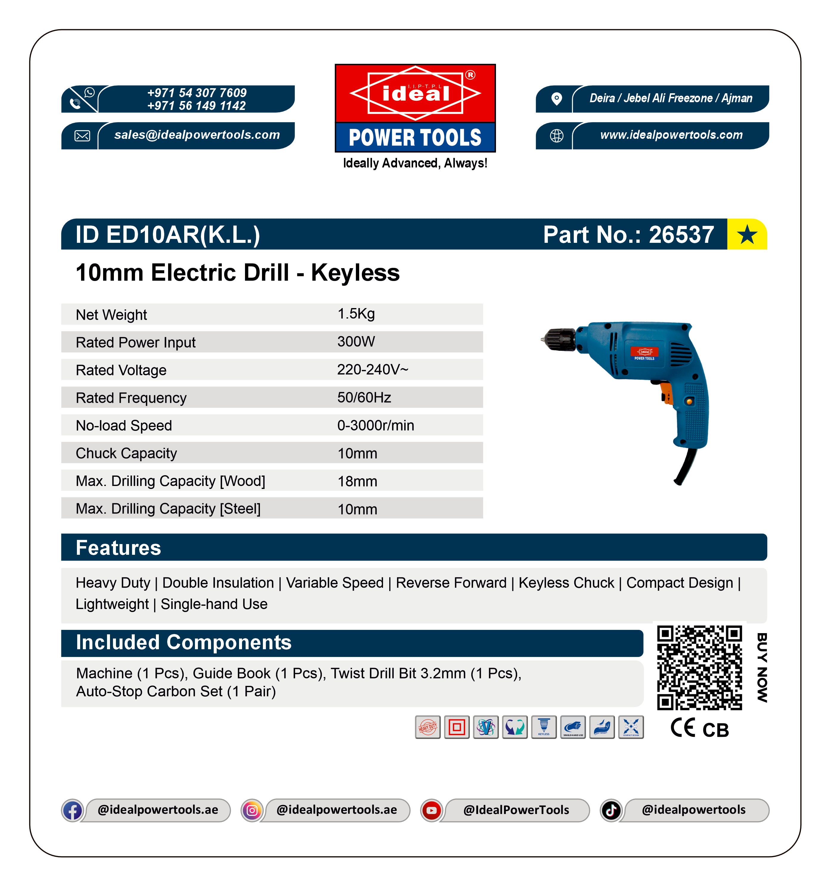 Product card for 10mm Electric Drill Keyless with specifications and branding details.