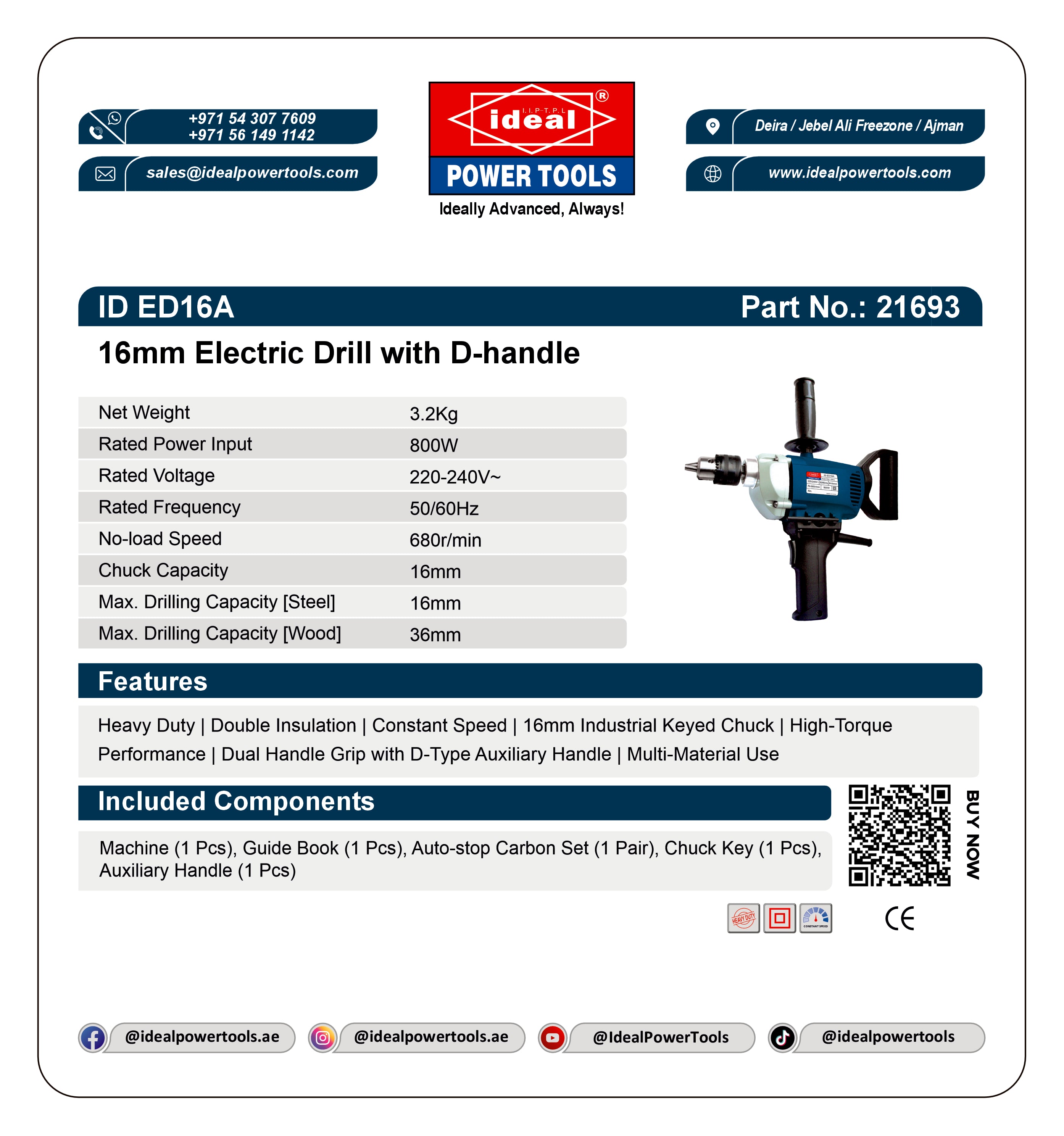 Product card for 16mm Electric Drill ID ED16A with D-handle by Ideal Power Tools