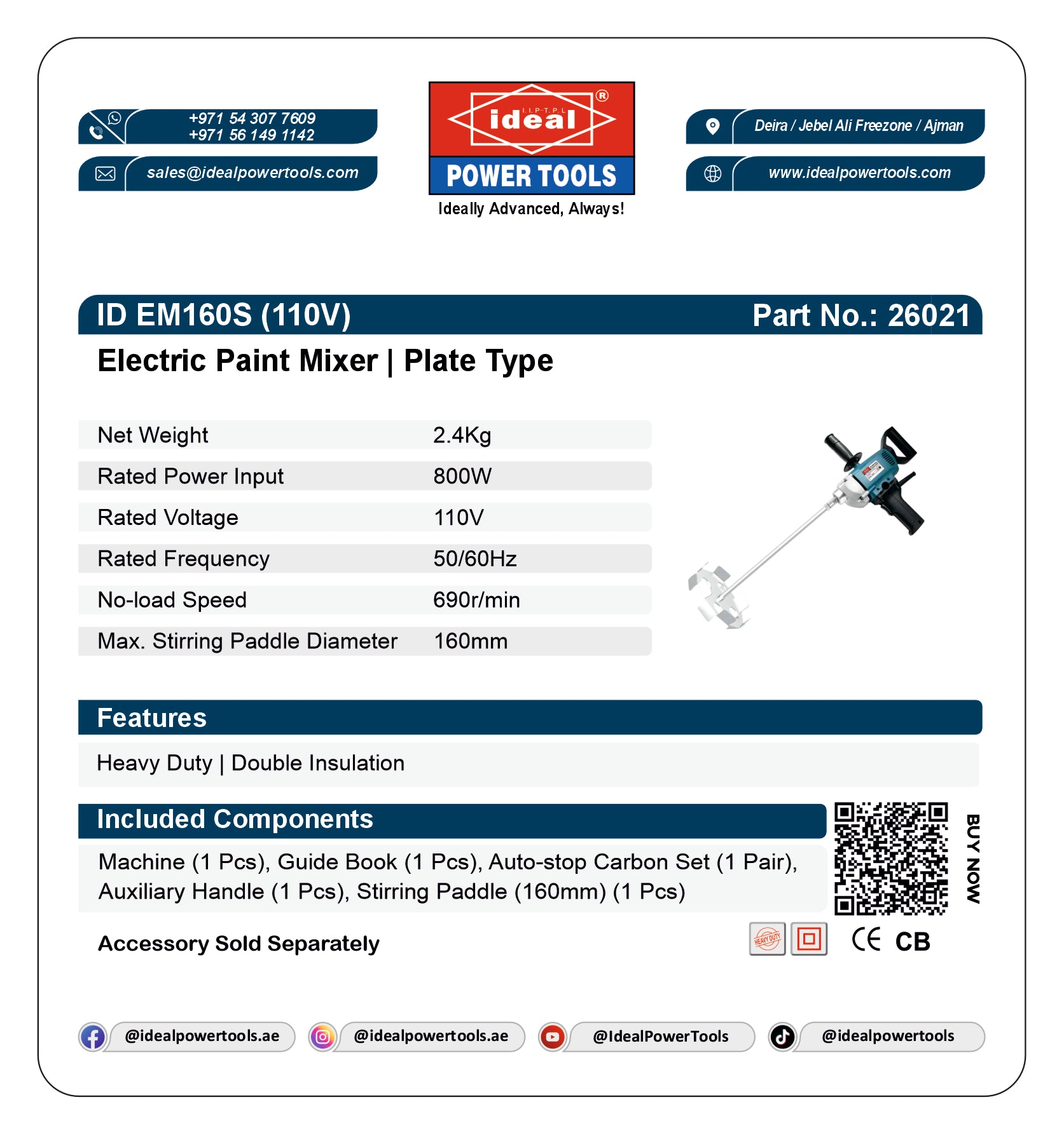 Product card for Electric Paint Mixer with specifications and branding details.