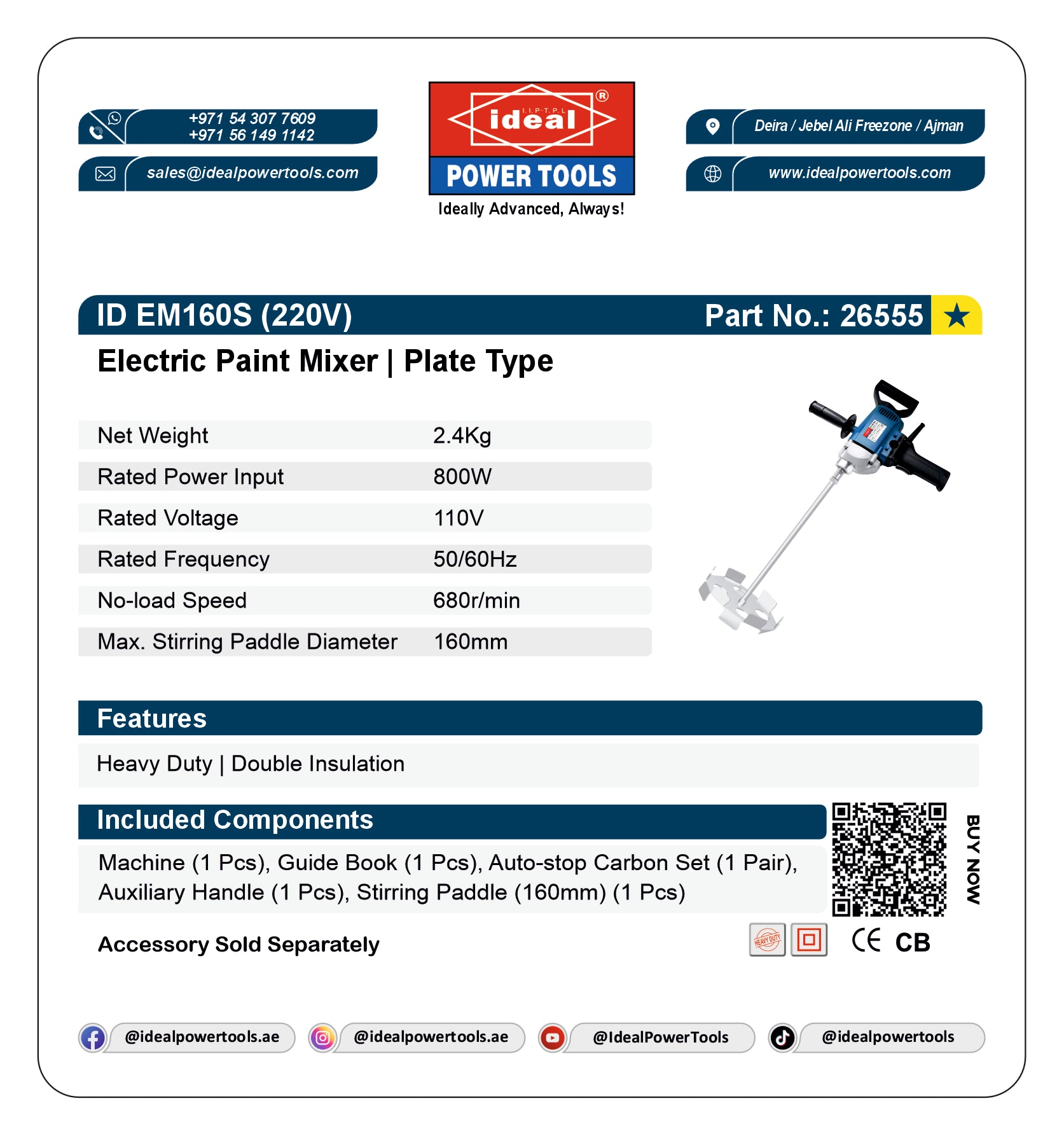 Product card for Electric Paint Mixer with specifications and branding details.