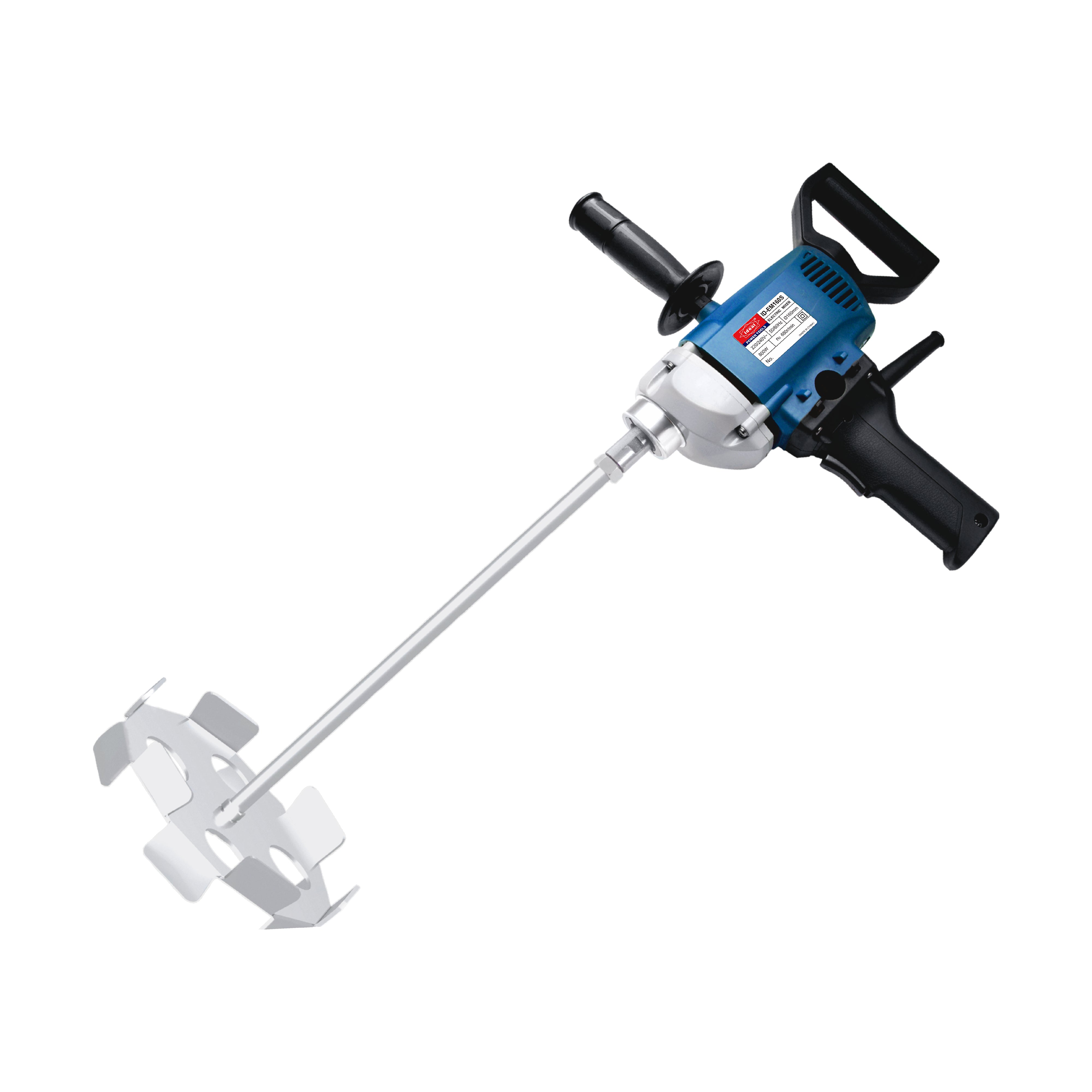 Electric Paint Mixer with blue and black handle on a white background