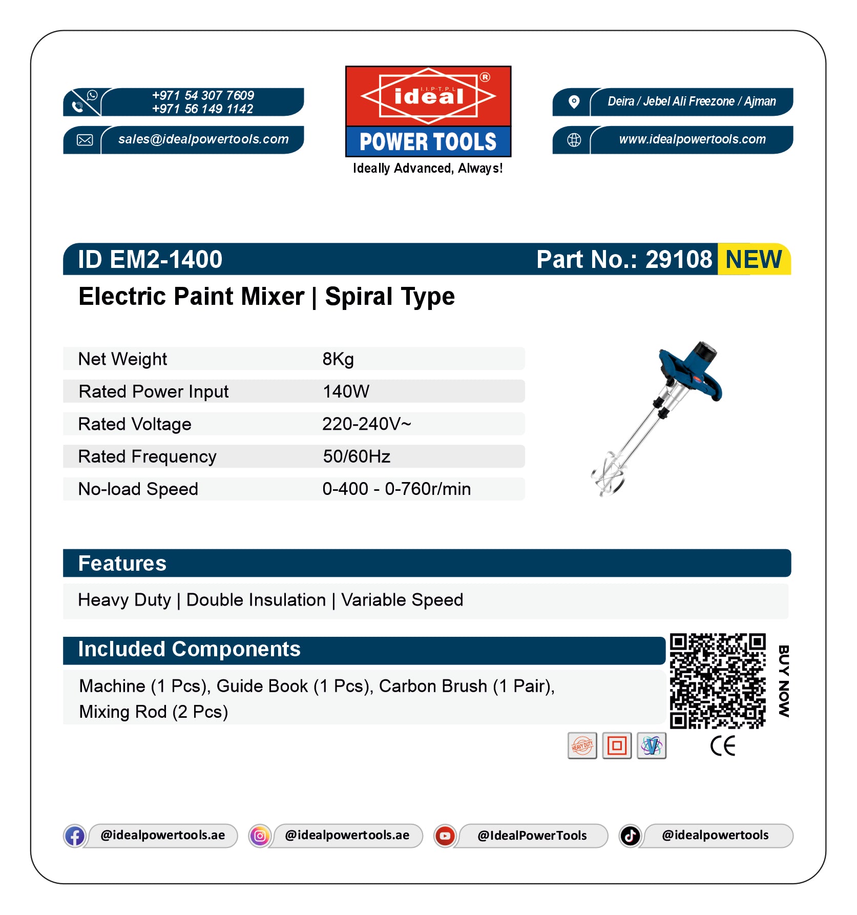 Product label for Electric Paint Mixer ID EM2-1400 with specifications and branding details.