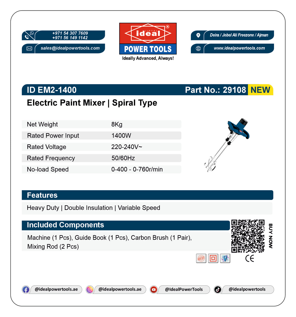 A white technical specification and parts list sheet for the Ideal Power Tools Electric Paint Mixer, Part No. 29108.