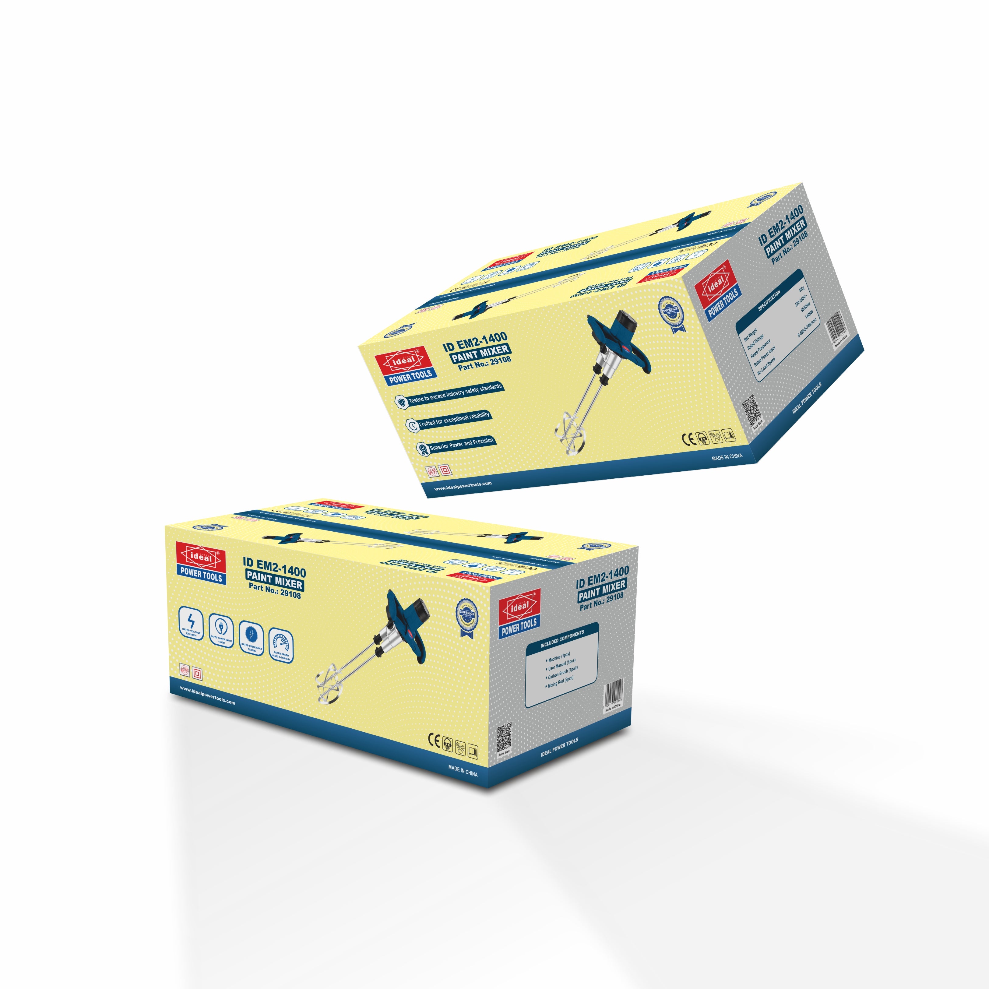 Two boxes of dual rod paint mixer with a visible brand logo on a white background