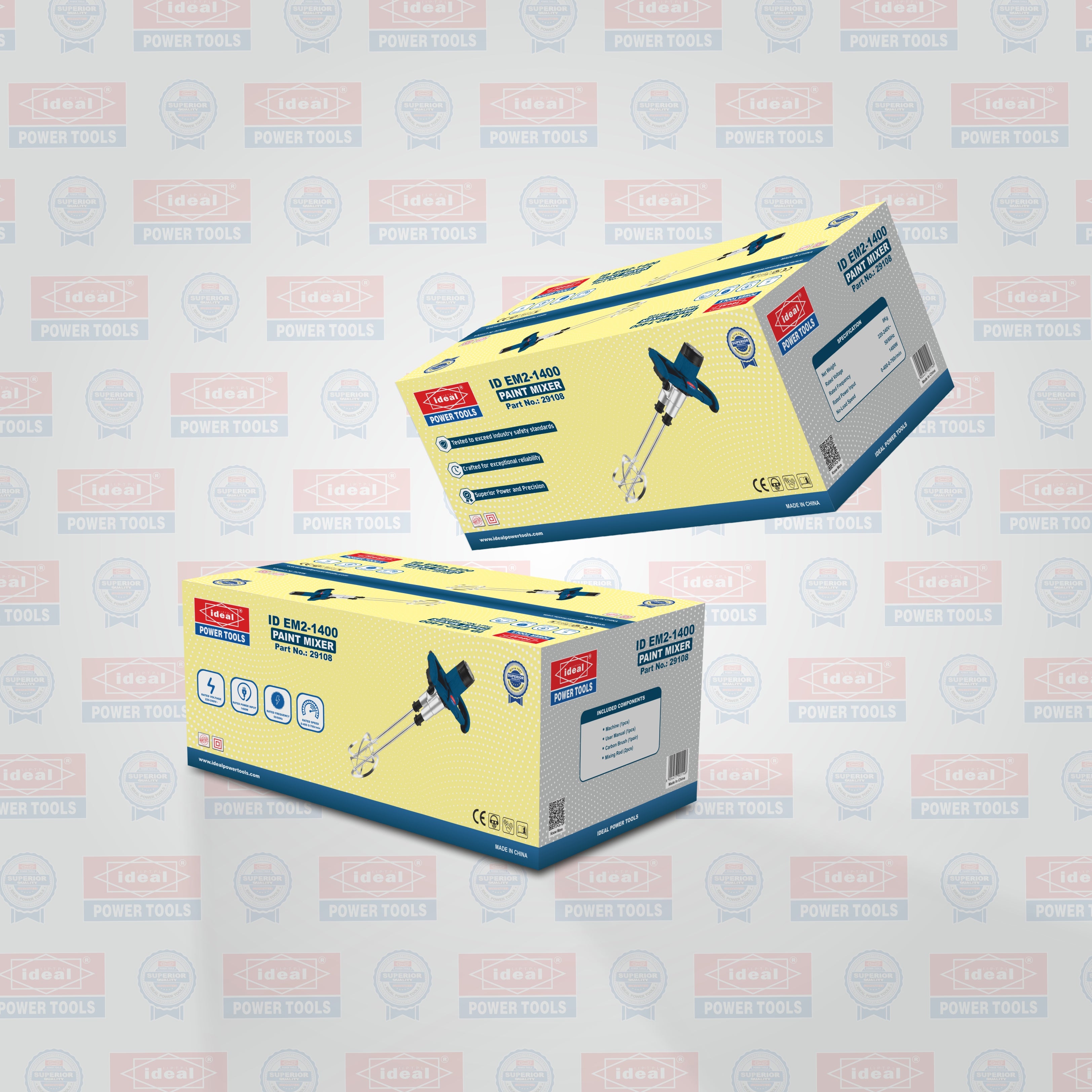 Two boxes of paint mixer ID EM2-1400 with a brand logo on a light gray background