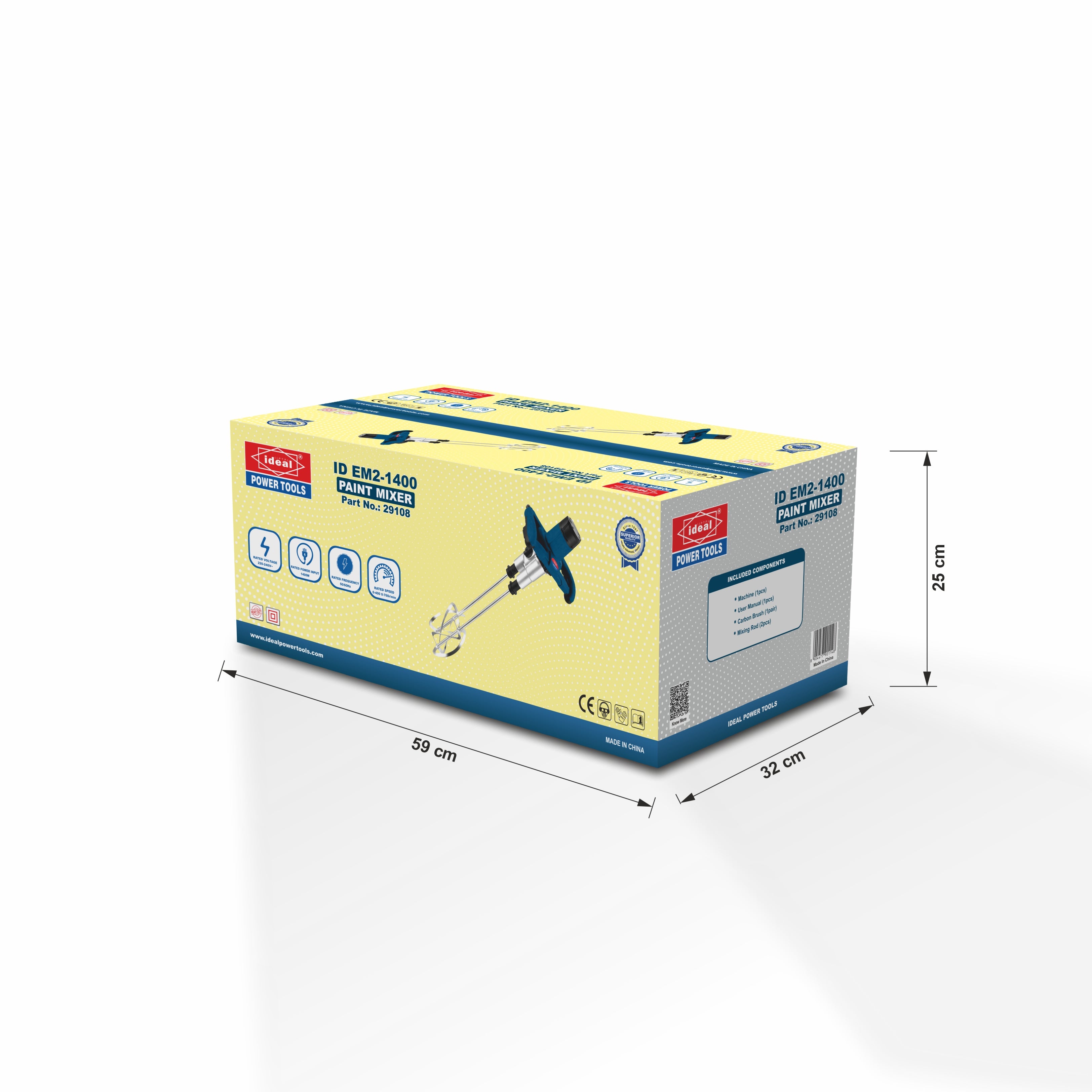 Box with a ID EM2-1400 dual rod paint mixer on a white background