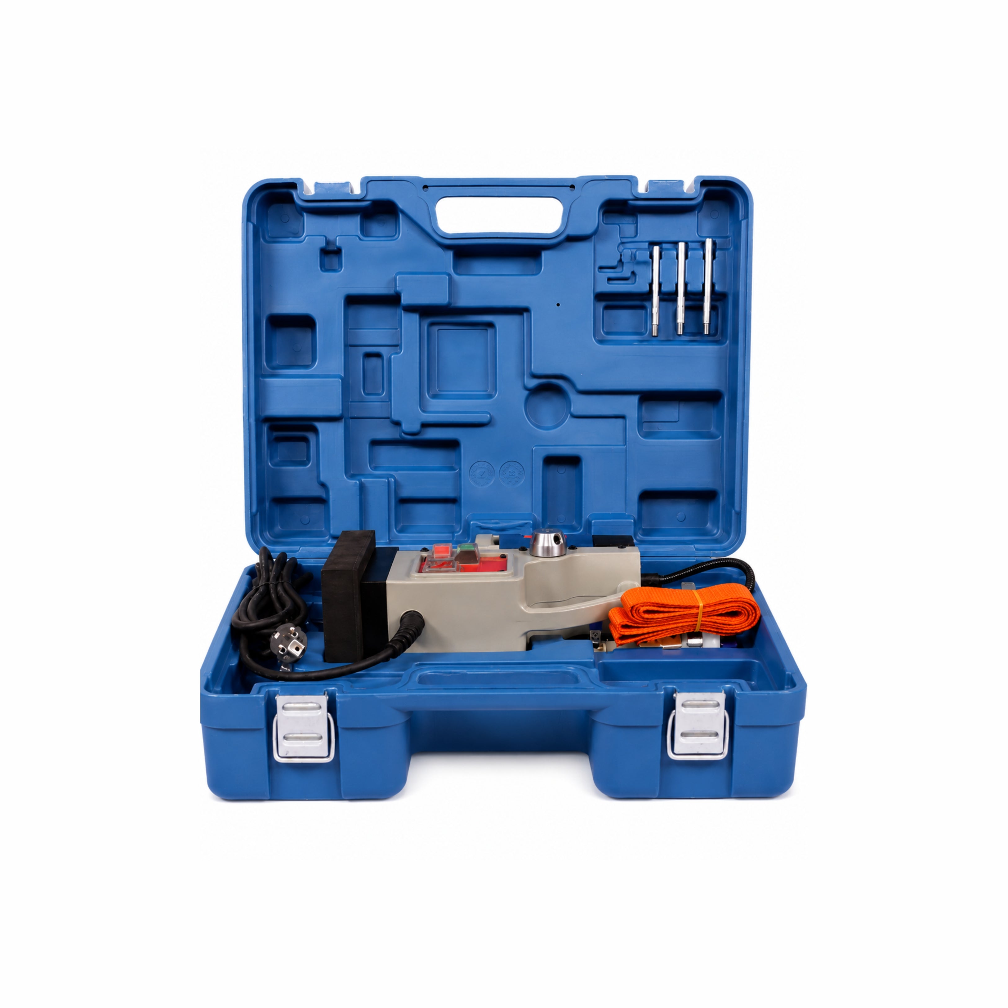 Magnetic Drill ID EMD30 with accessories inside on a blue toolbox with white background