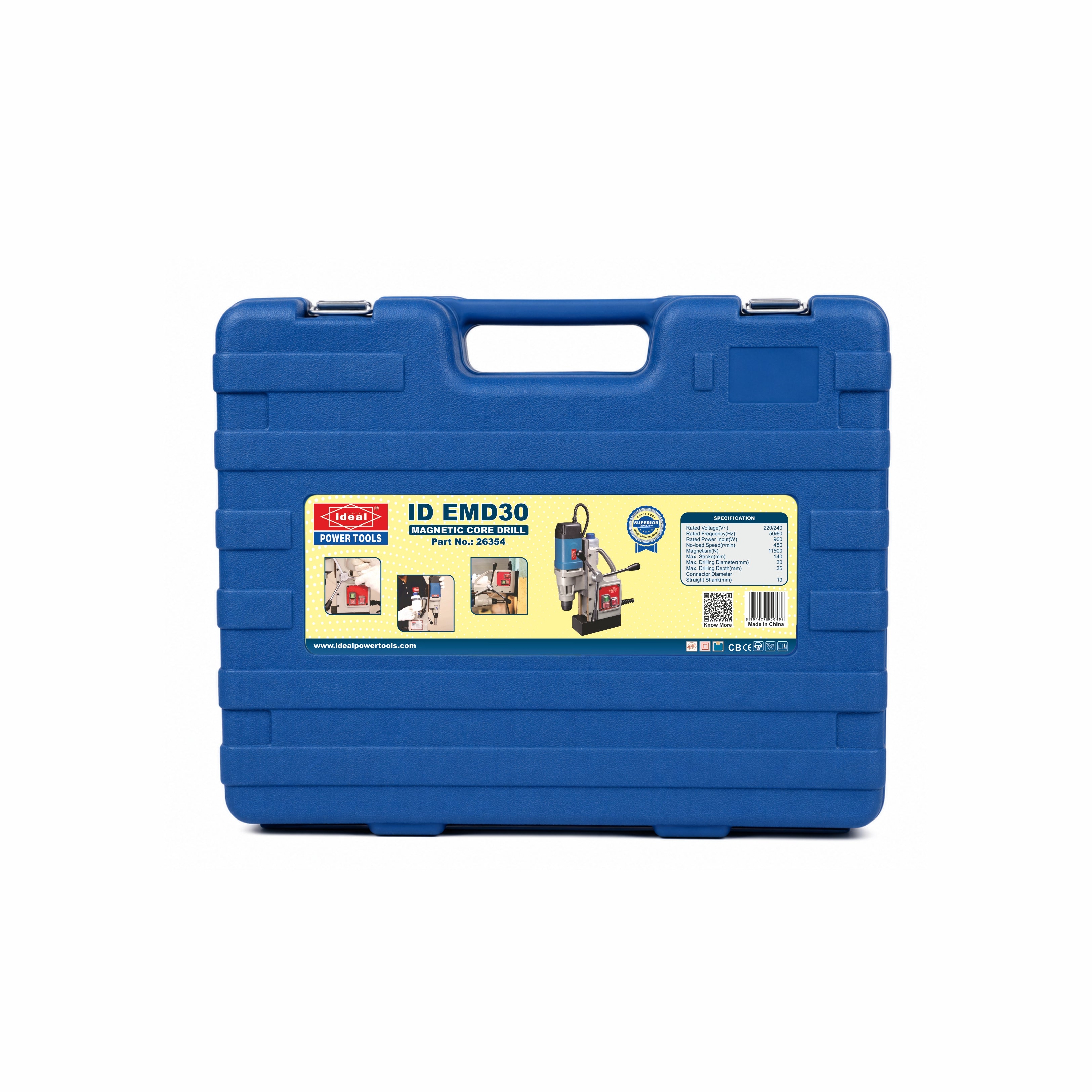 Blue toolbox of ID EMD30 with a label on a white background