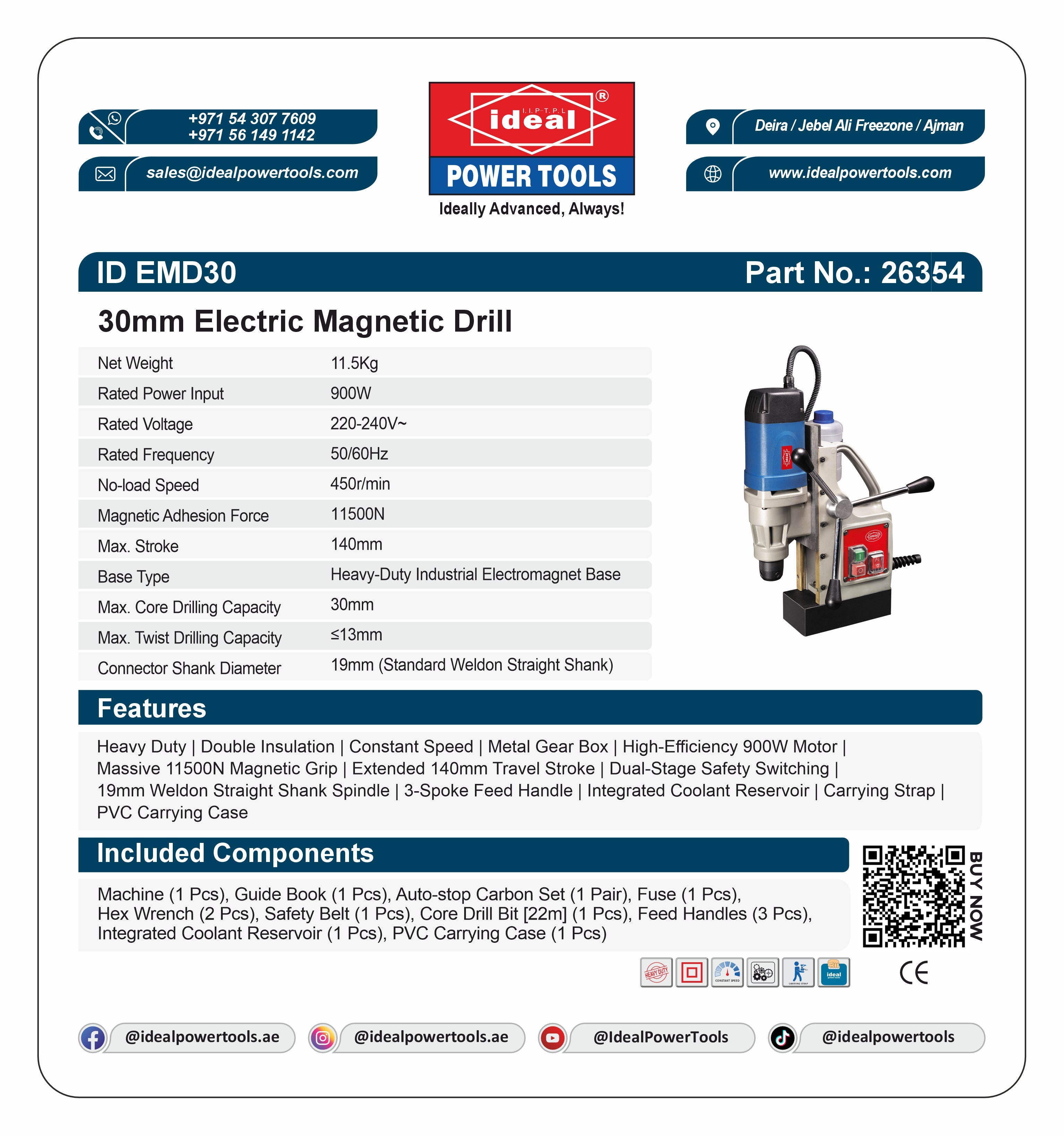 Product card for 30mm Electric Magnetic Drill ID EMD30 with specifications and branding details.