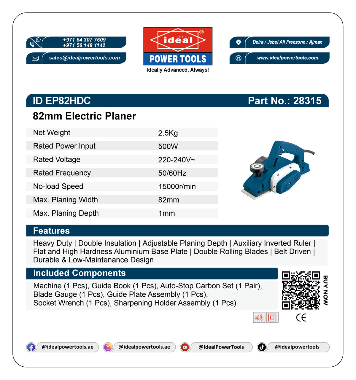 A white product information card for the Ideal Power Tools 82mm Electric Planer, showing the model ID EP82HDC, part number 28315, specifications, features, and included components. The card features a blue and red Ideal logo and a photo of the blue electric planer on the right.