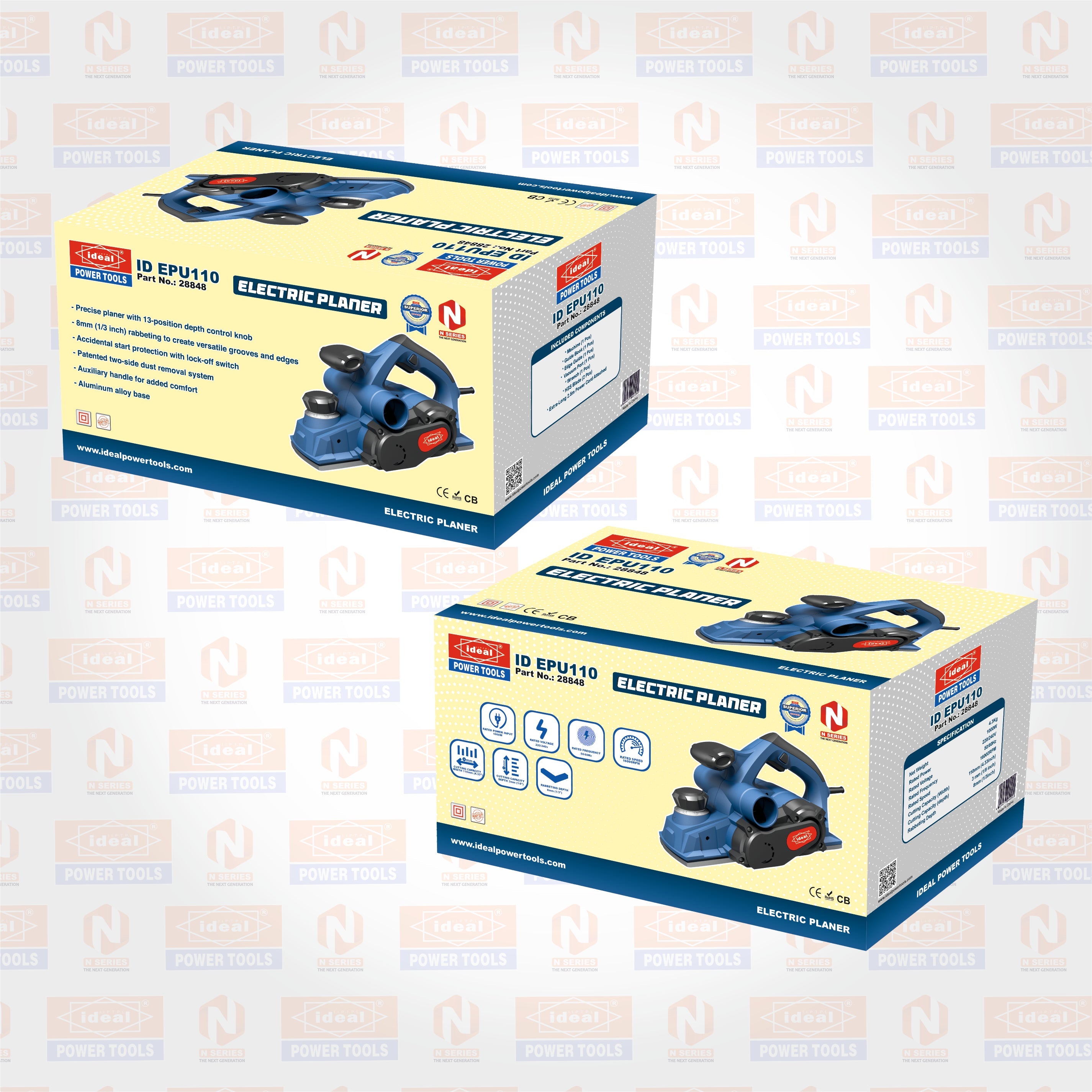 Two boxes of electric planer machines (ID EPU110) on a patterned branded background