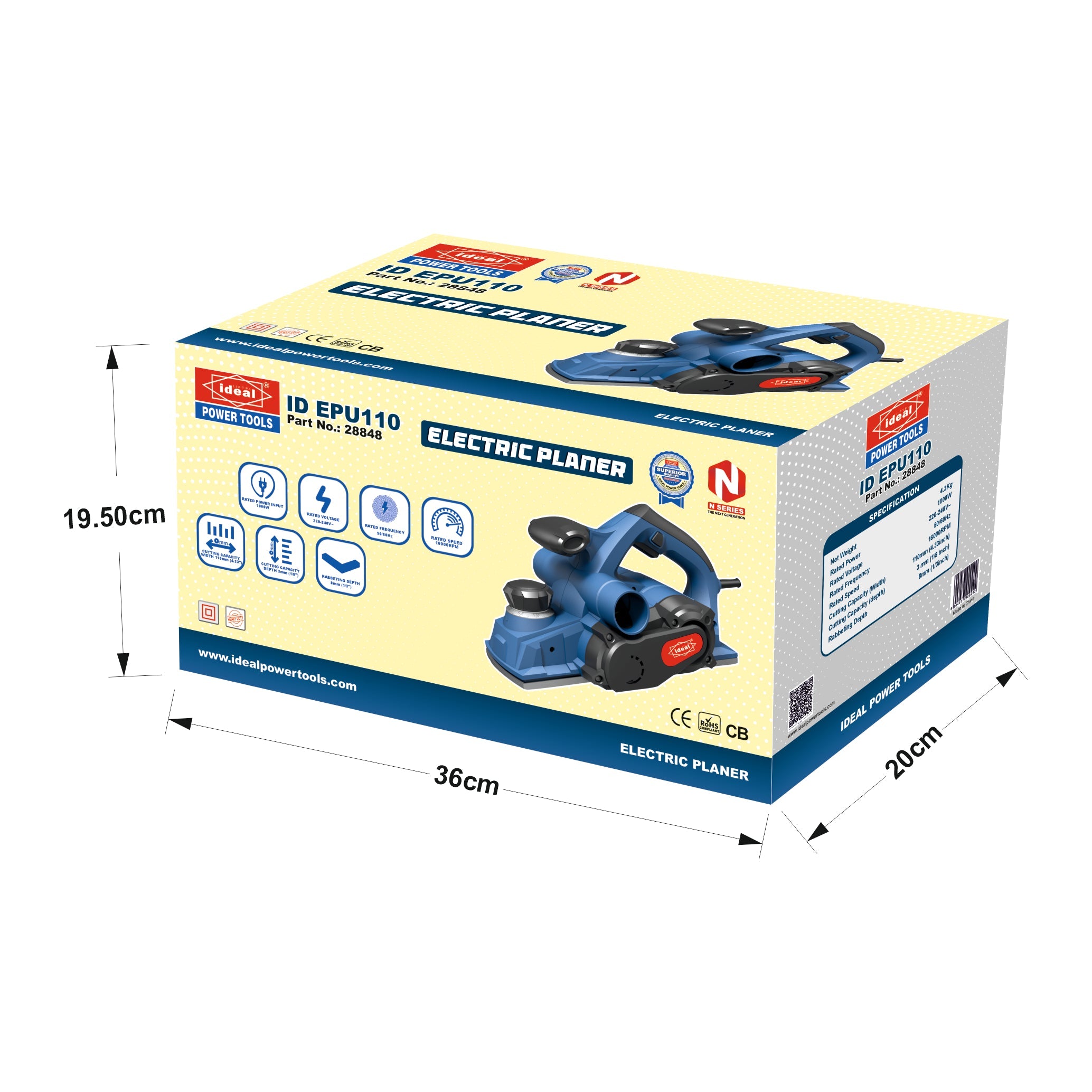 Box of electric planer machine ID EPU110 with dimensions indicated