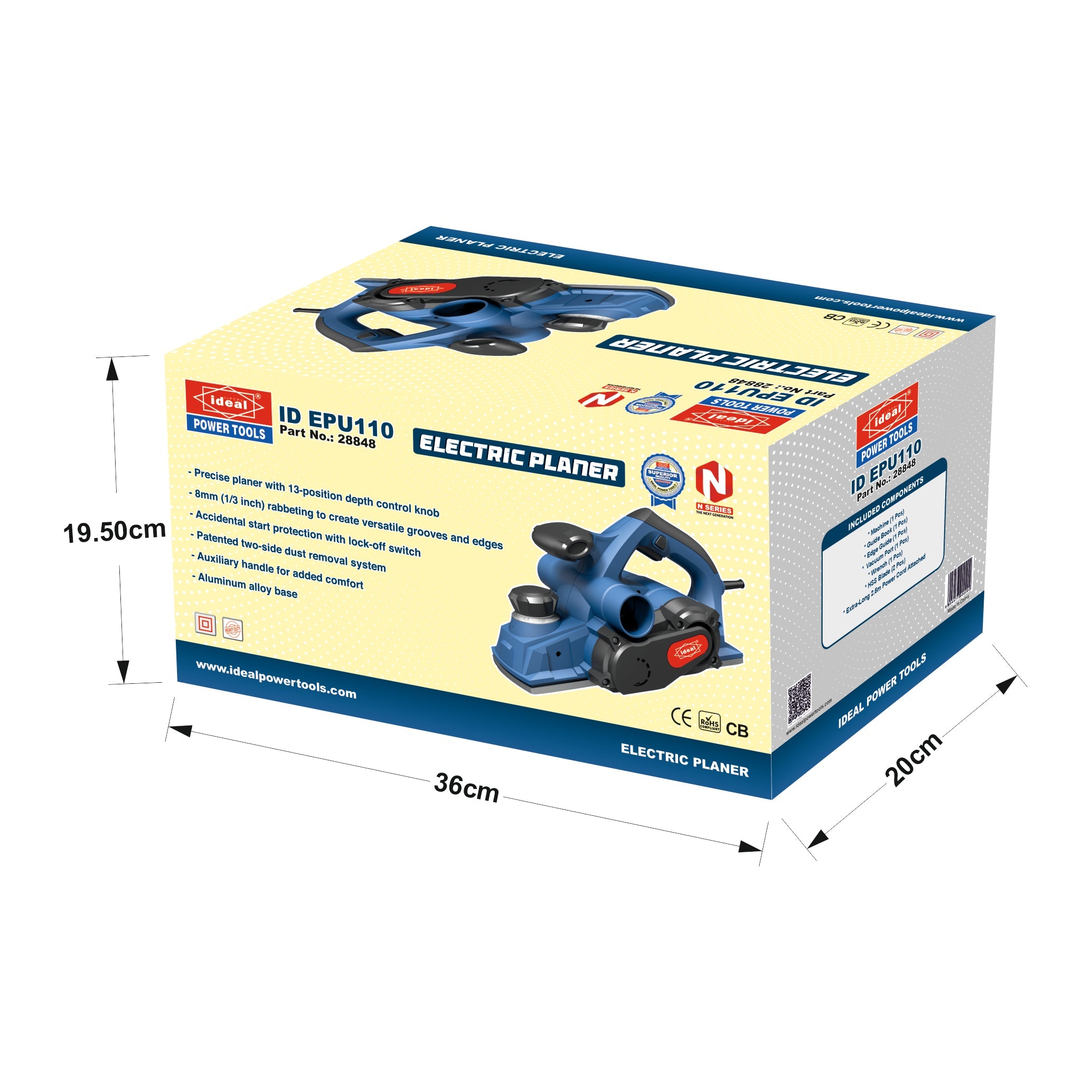 Box of electric planer ID EPU110 with dimensions marked on a white background