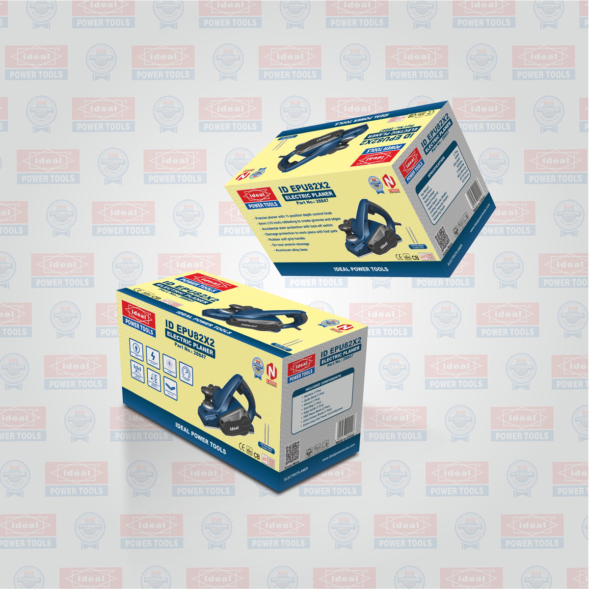 Two retail boxes of a 12V electric planer shown on a light gray background with a repeating Power Tools watermark. The boxes are cream yellow with blue and red branding, and feature a photo of the blue planer on the front.