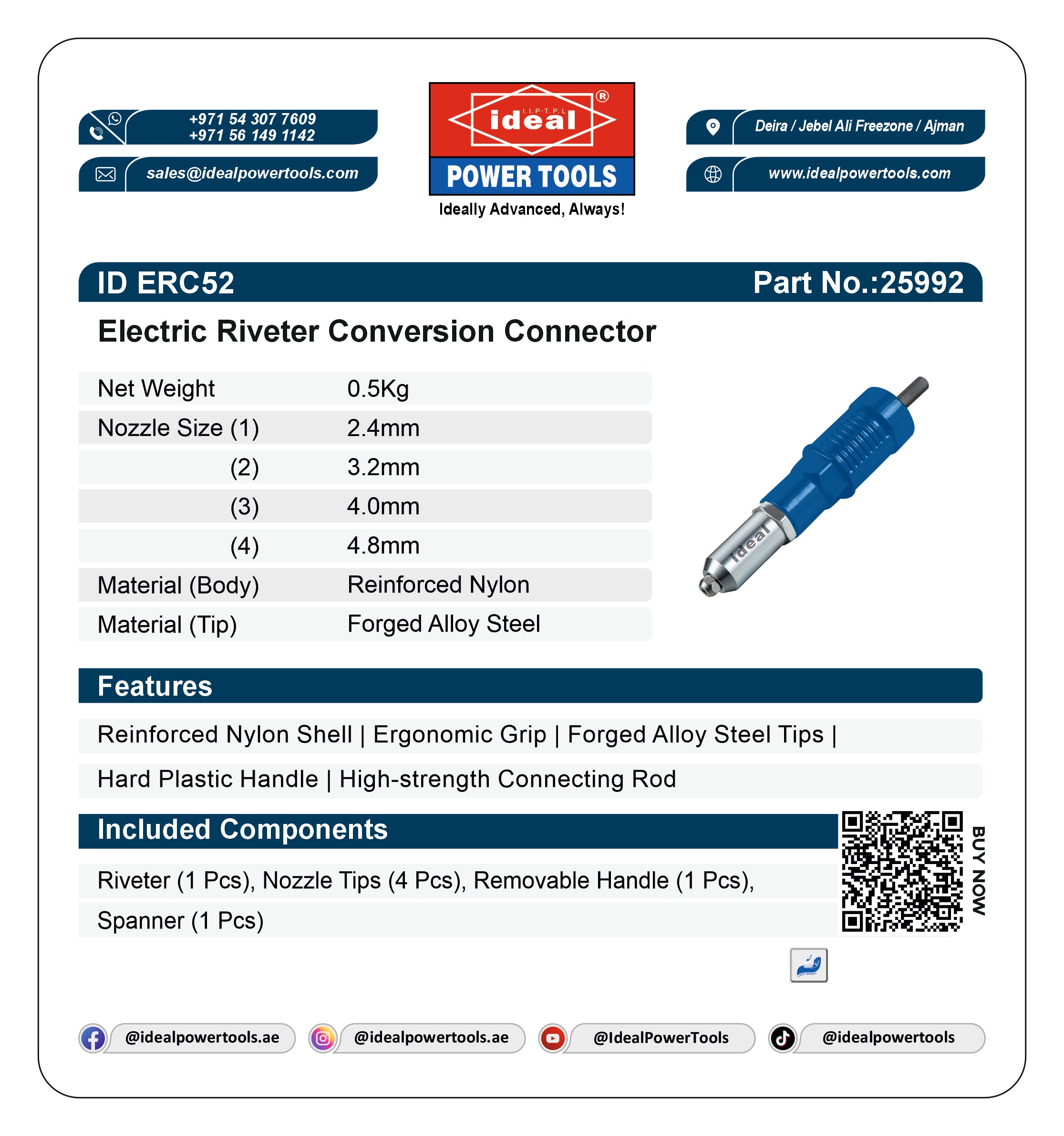 Product card for Electric Riveter Conversion Connector with Ideal Power Tools branding.
