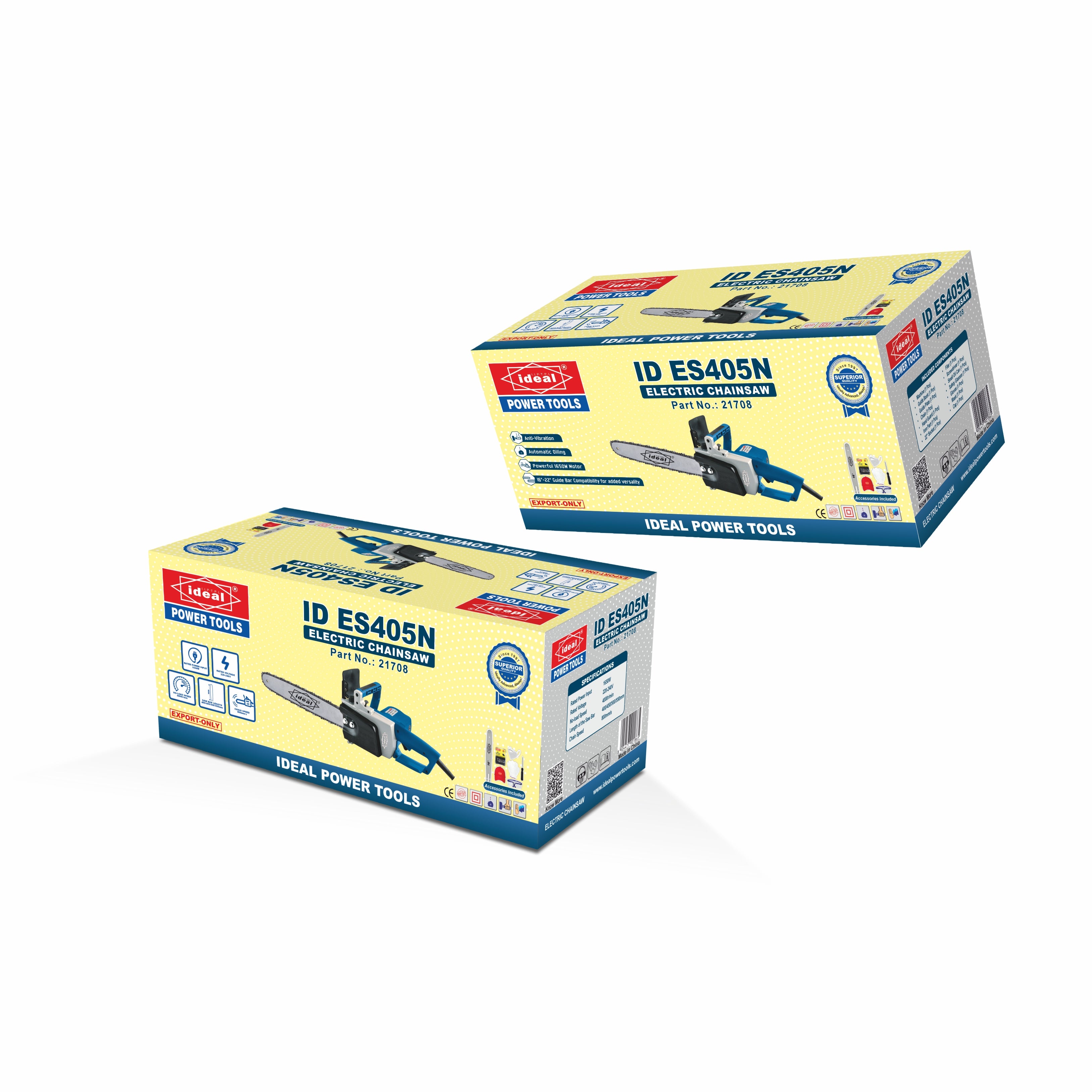 Two boxes of Ideal Power Tools chain saws on a white background