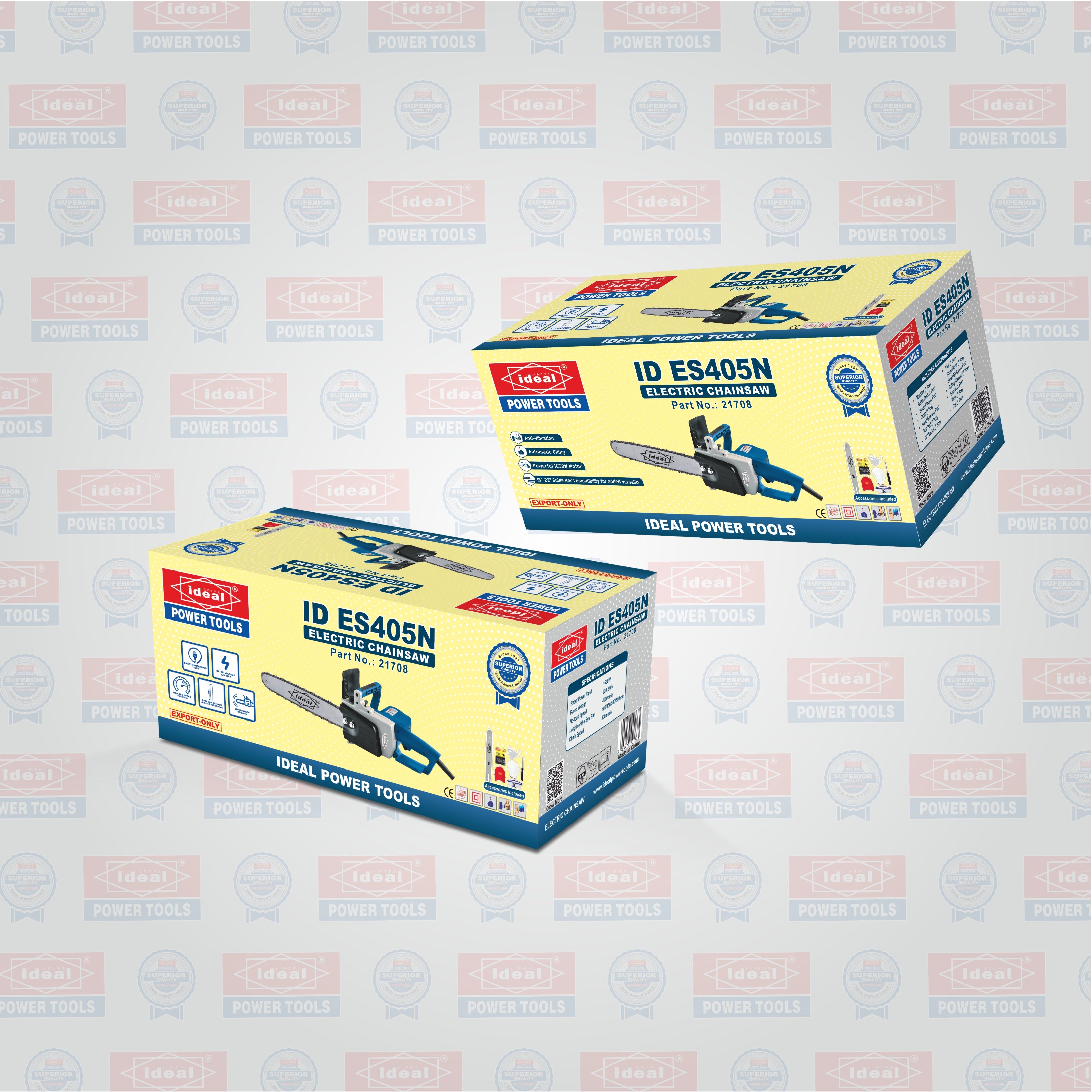 Two boxes of Ideal Power Tools electric chain saws on a branded background