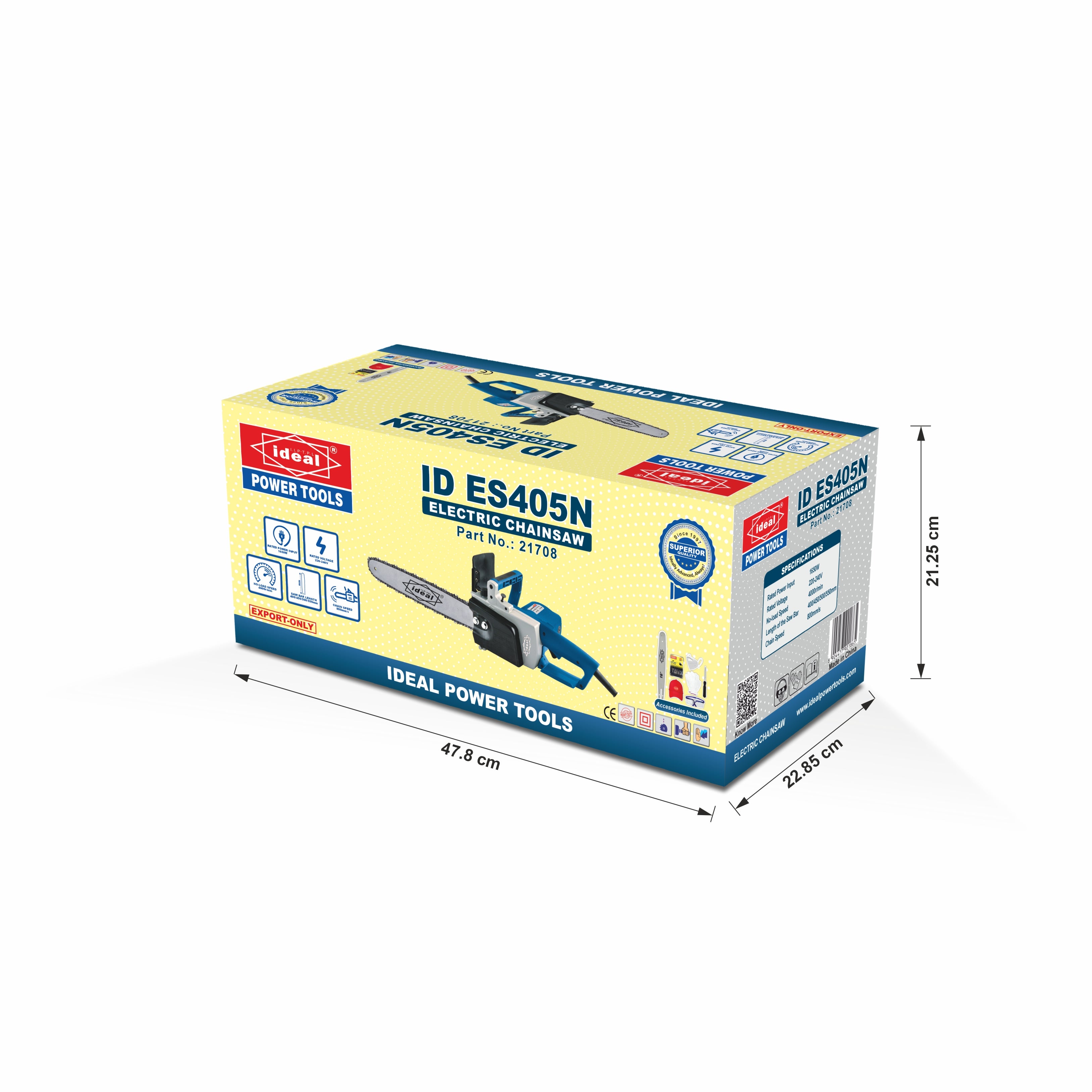 Box of IDEAL Power Tools electric chainsaw with dimensions on a white background