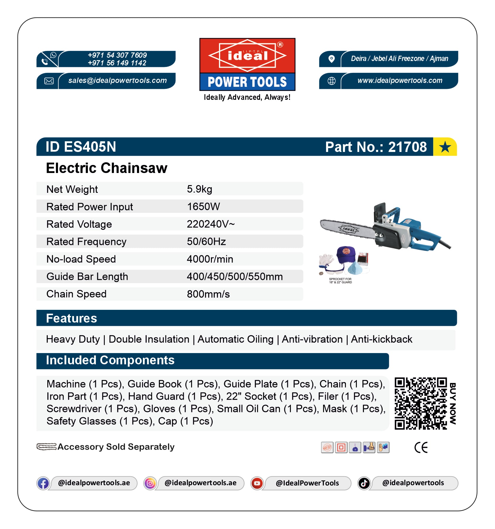 Product card for Ideal Electric Chainsaw (ID_ES405N) with specifications and features.