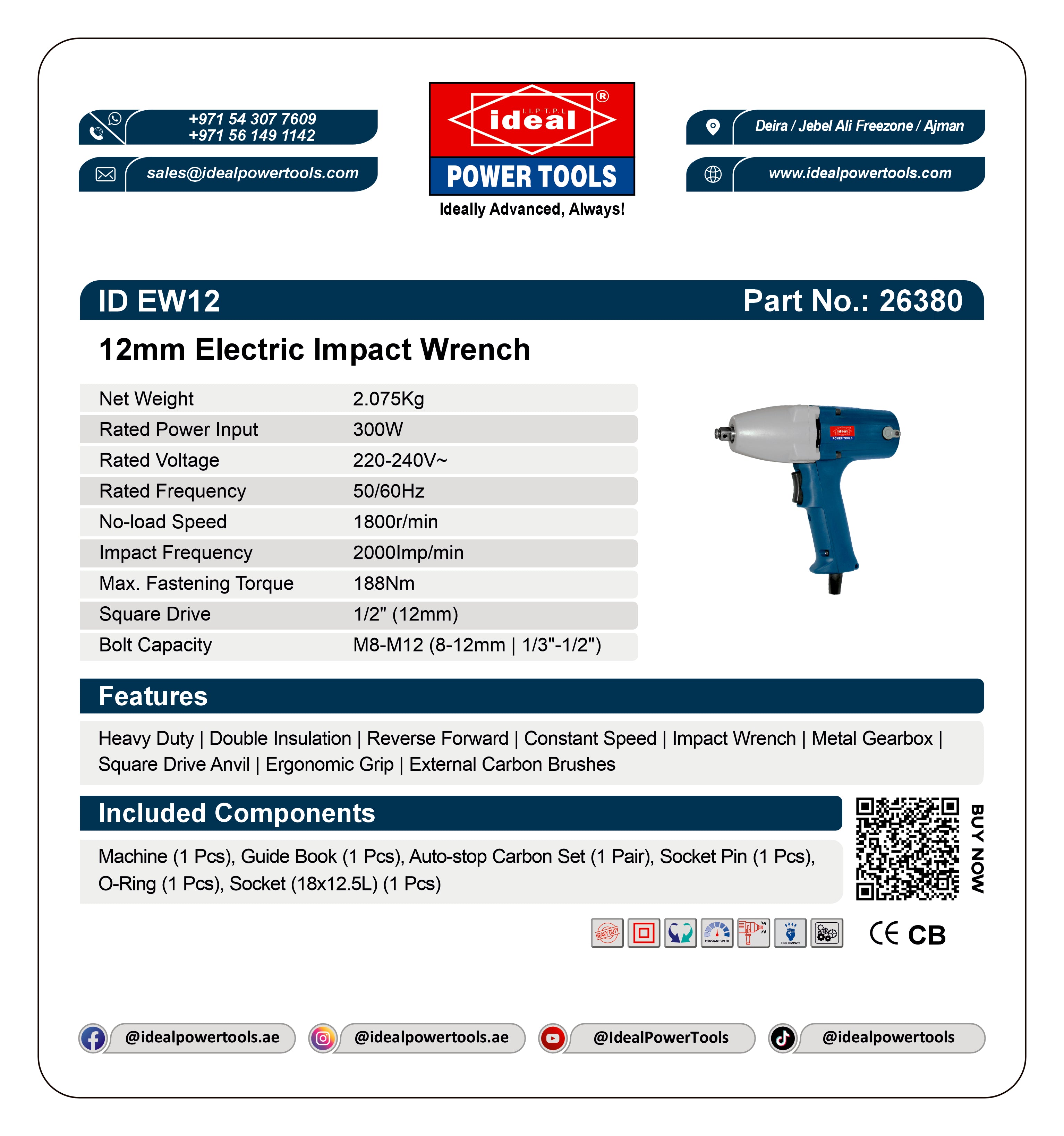 Product card for 12mm Electric Impact Wrench ID EW12 with specifications and branding details.