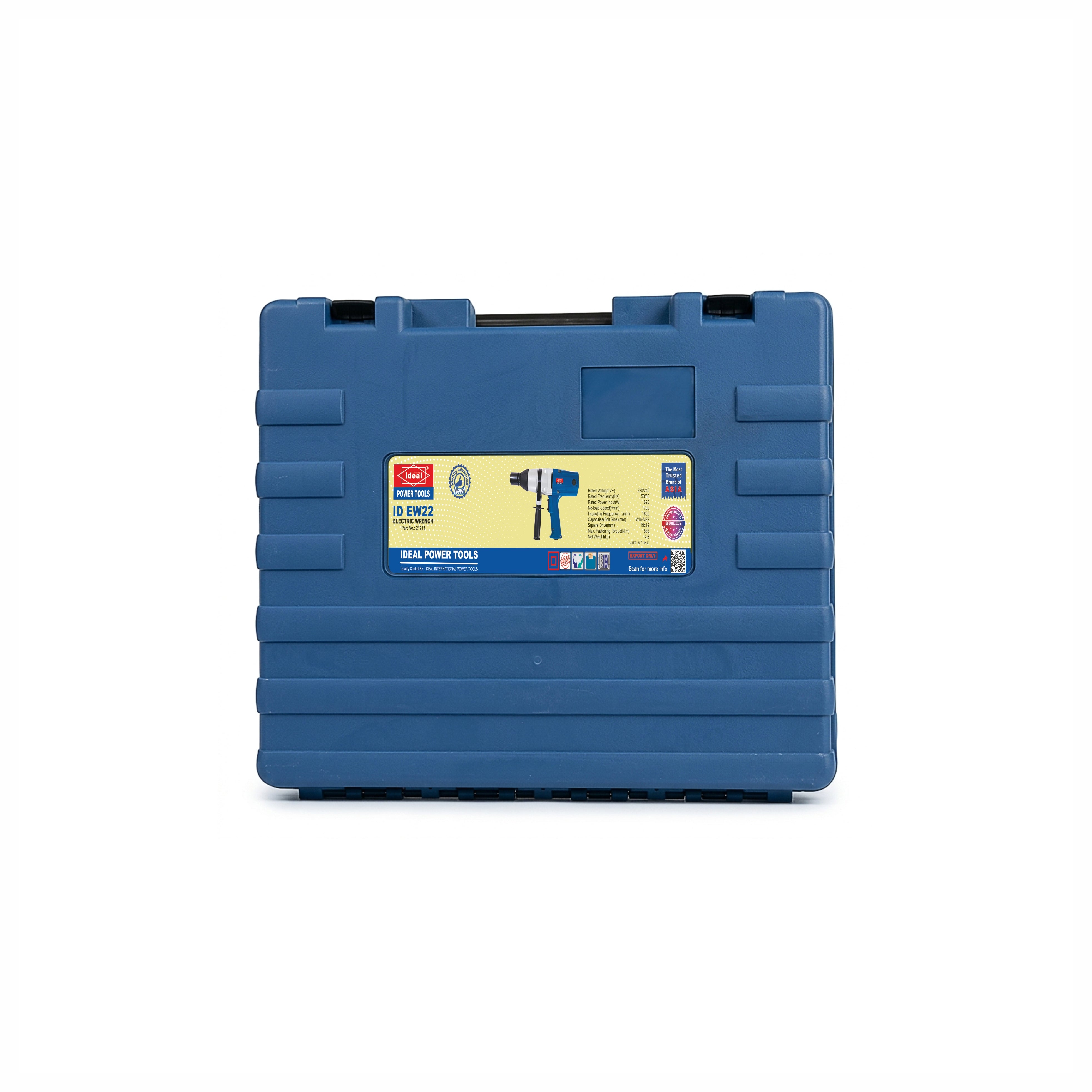 Blue tool case with a label on a white background