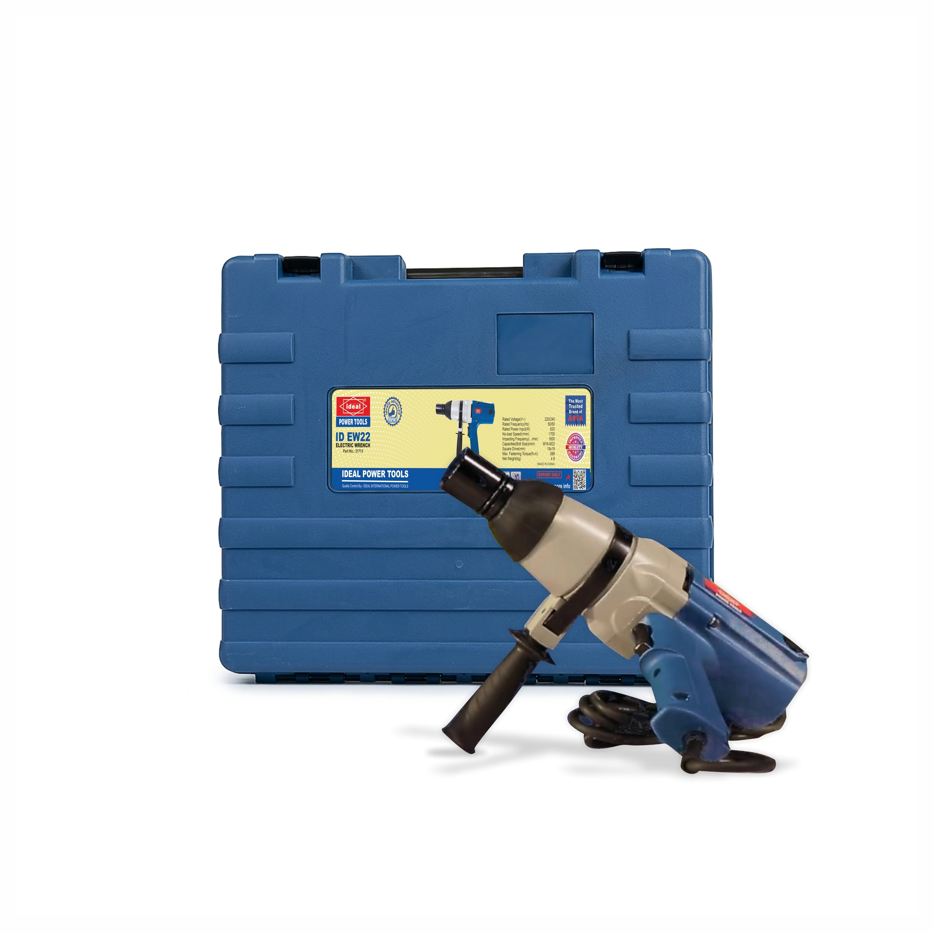 Blue ID EW22 wrench machine with beige accents and a matching blue case on a white background
