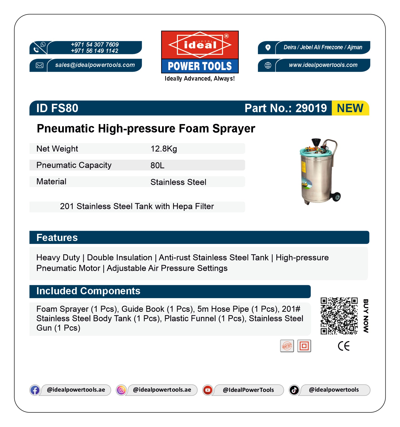 Product details of a pneumatic high-pressure foam sprayer with specifications and features listed.