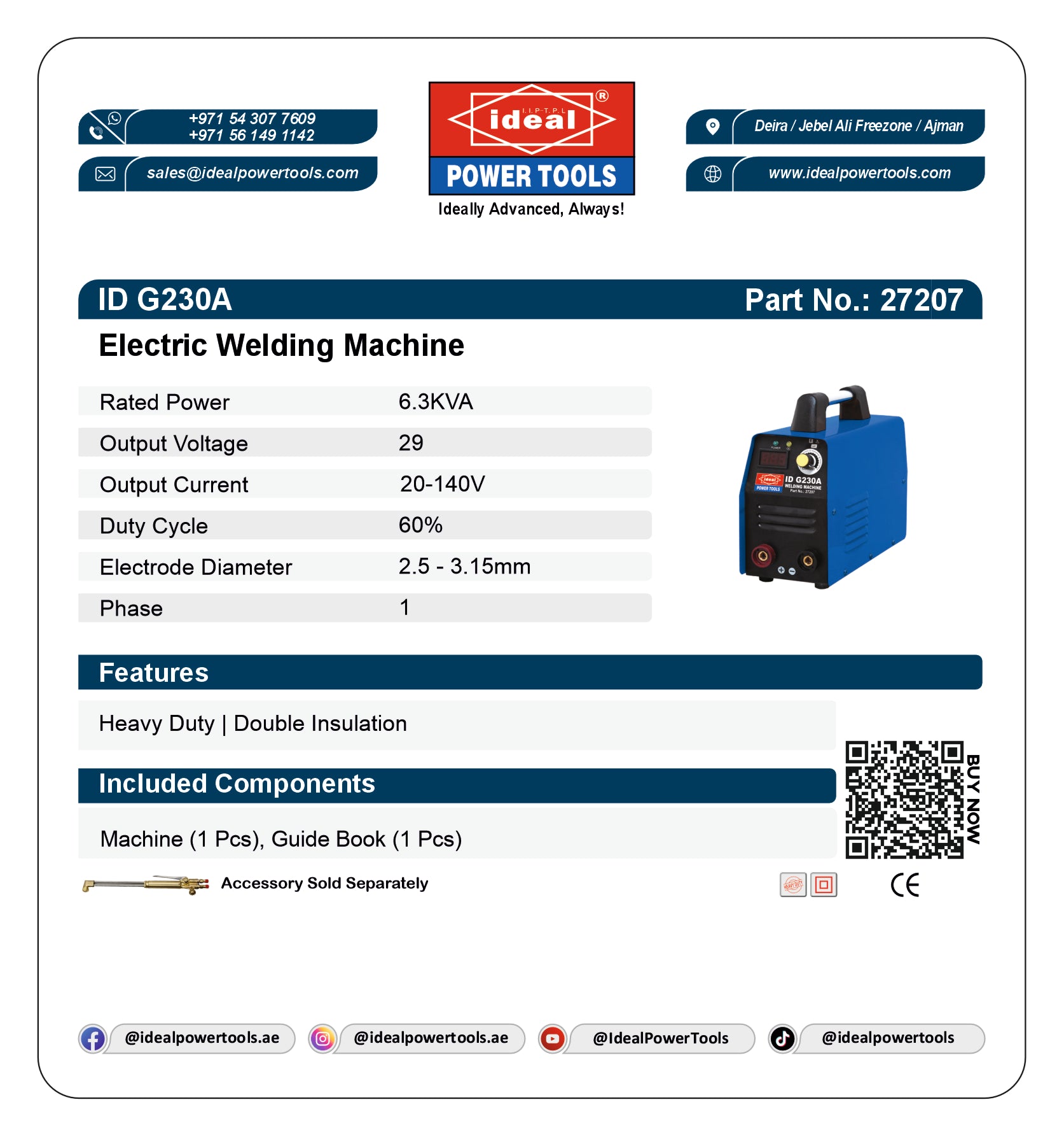 Product label for an electric welding machine ID G230A with specifications and branding details.