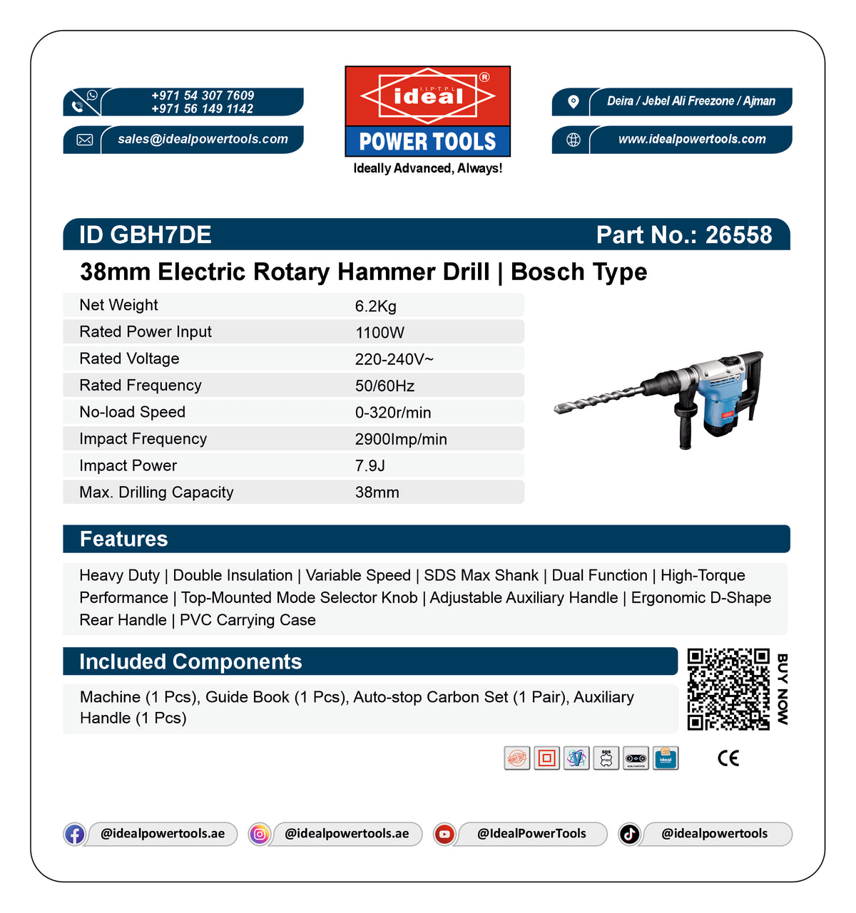 A white information card for the Ideal Power Tools 38mm Electric Rotary Hammer Drill (Model GBH7DE). The card features the Ideal Power Tools logo at the top, a table of specifications on the left, a small product photo of the blue and black drill on the right, a list of features, and an included components list at the bottom.