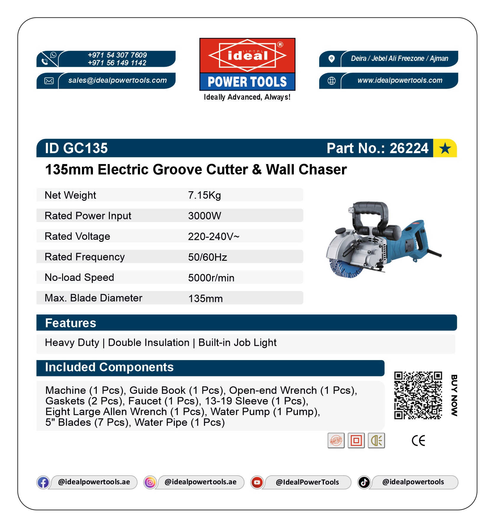 Product label for 135mm Electric Groove Cutter & Wall Chaser with specifications and branding details.
