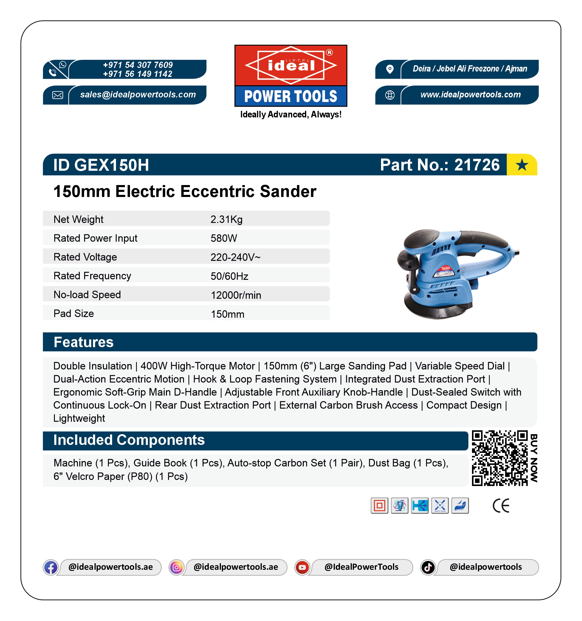 A product specification sheet for the Ideal Power Tools ID GEX150H 150mm Electric Eccentric Sander. The sheet features a blue and red electric sander, a detailed features list, included components, and contact information for Ideal Power Tools.