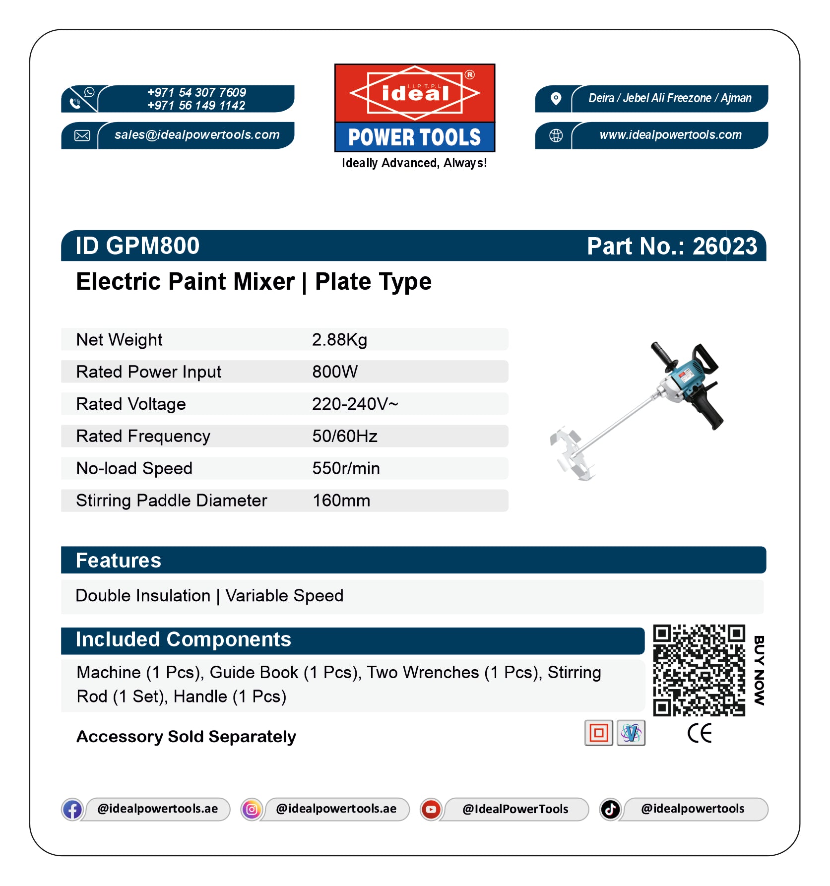 Product card for Electric Paint Mixer with specifications and branding details.
