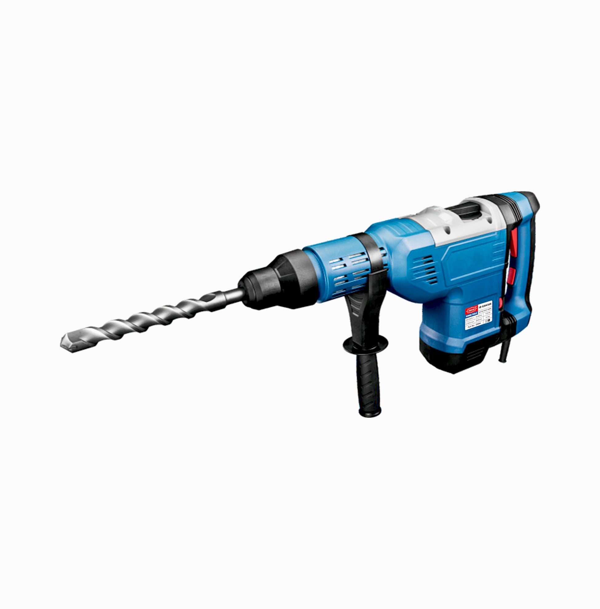 A blue and black rotary hammer drill with a large silver twist-screw drill bit, shown on a plain white background.
