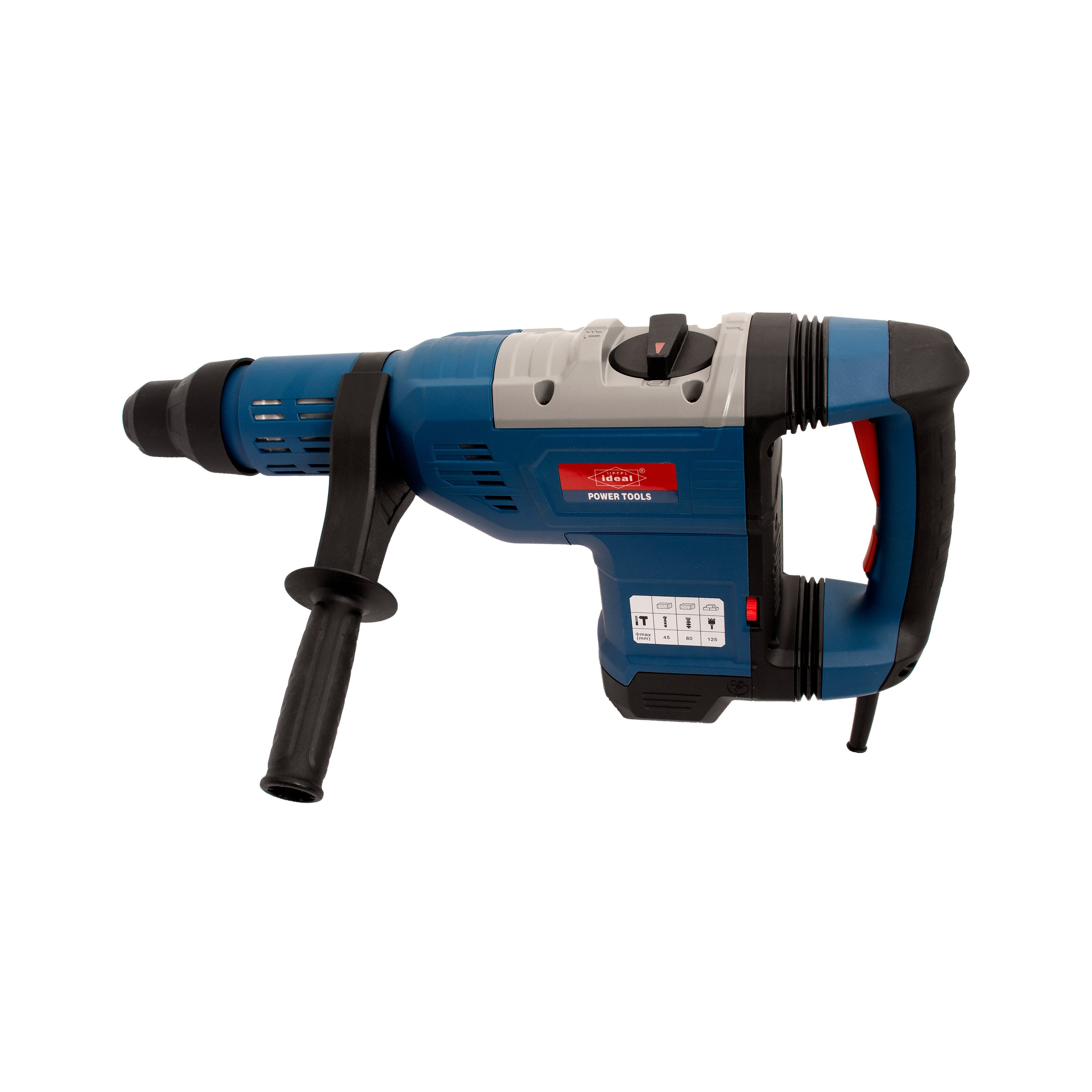 A blue and black hammer drill with a gray accent panel, shown from a side profile on a solid white background.