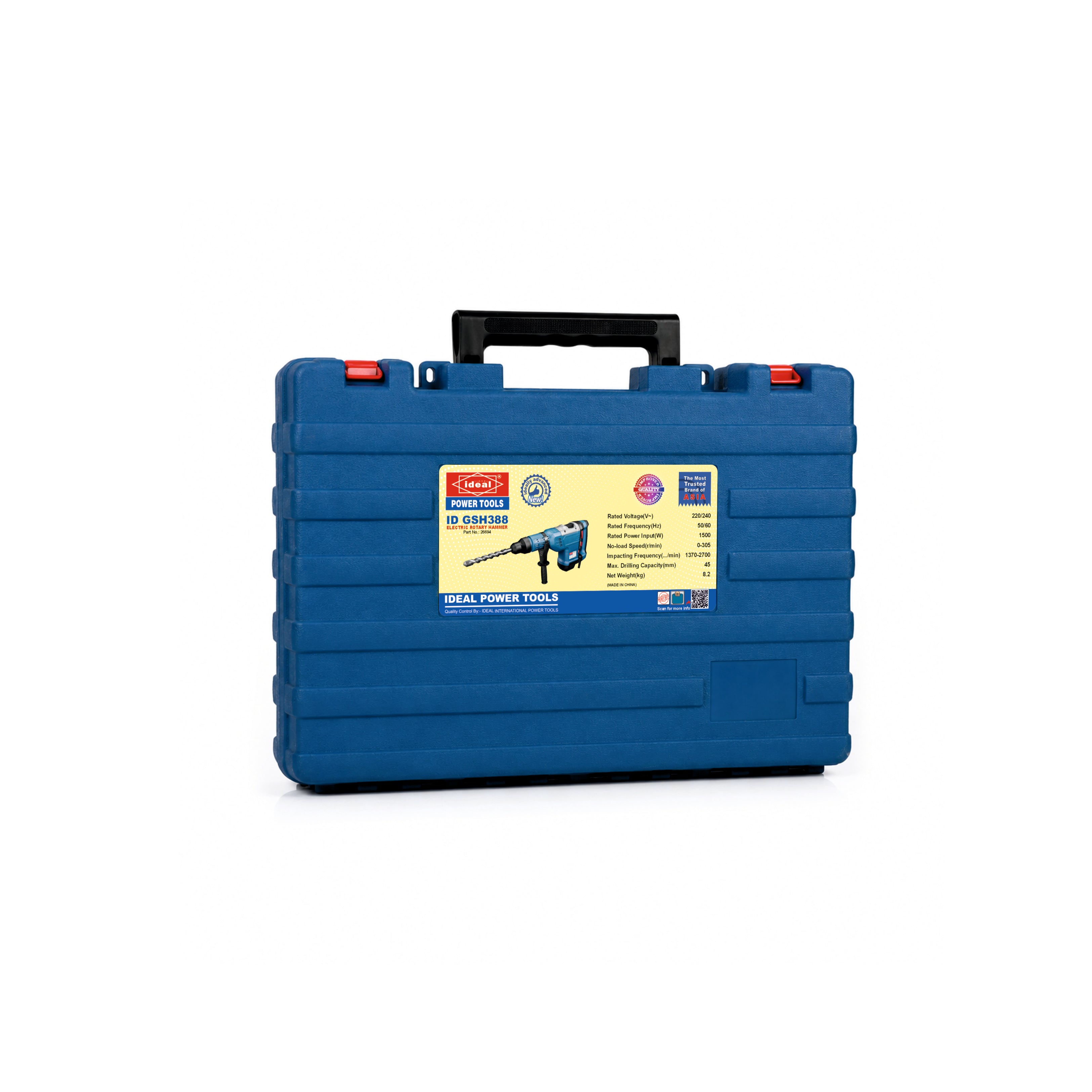 A blue hard plastic carrying case for a drill machine, featuring a black handle and a yellow and red product label on the front.