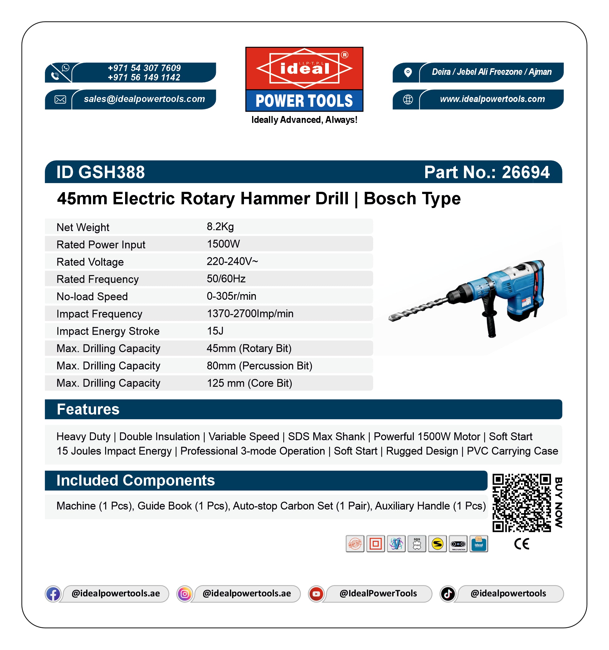 A product information card for an Ideal Power Tools 45mm Electric Rotary Hammer Drill (Bosch Type), showing the product name, part number, specifications, features, included components, and a small product photo on a white background with blue header/footer branding.