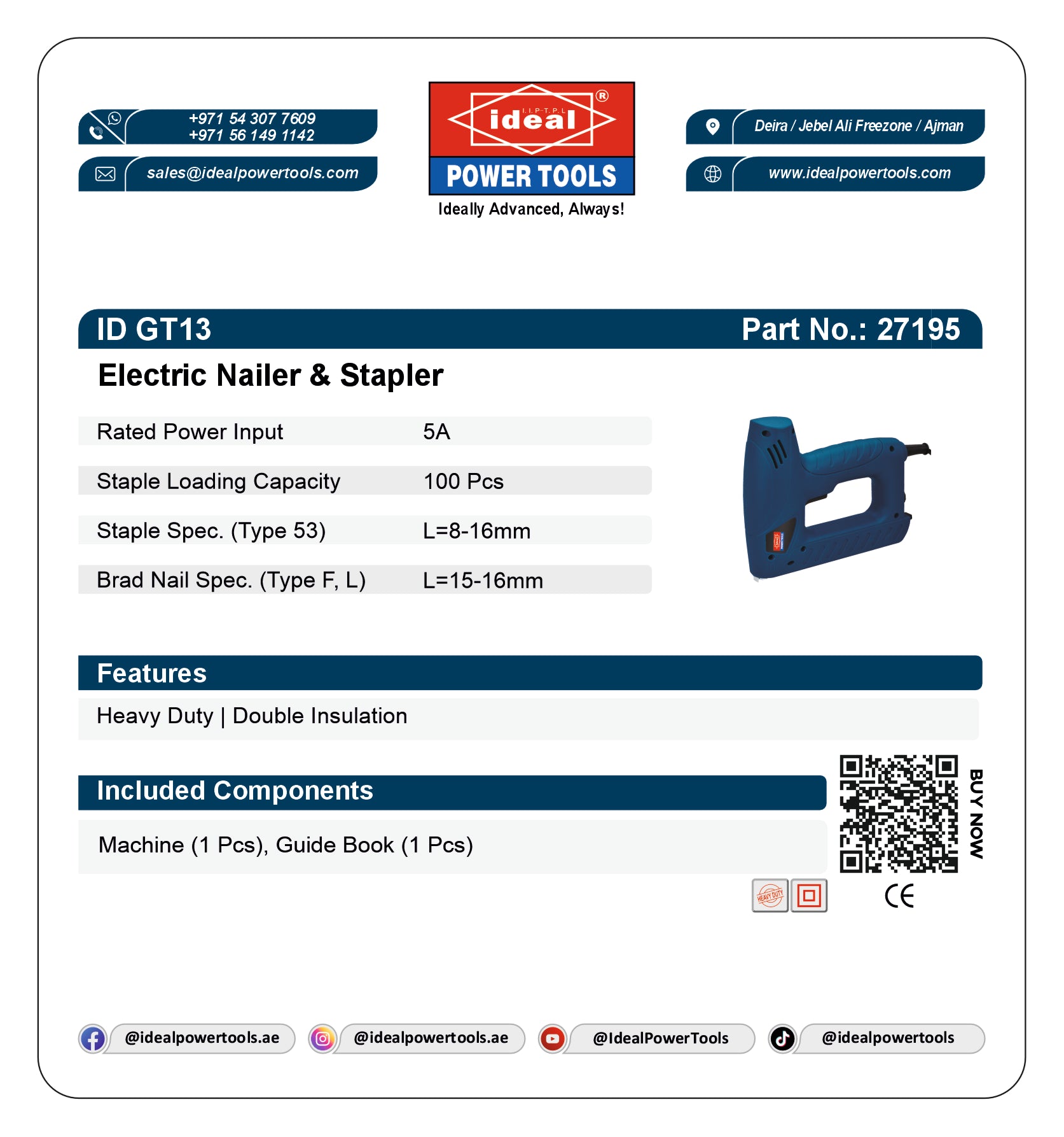 Product label for Ideal Electric Nailer & Stapler ID GT13 with specifications and branding details.