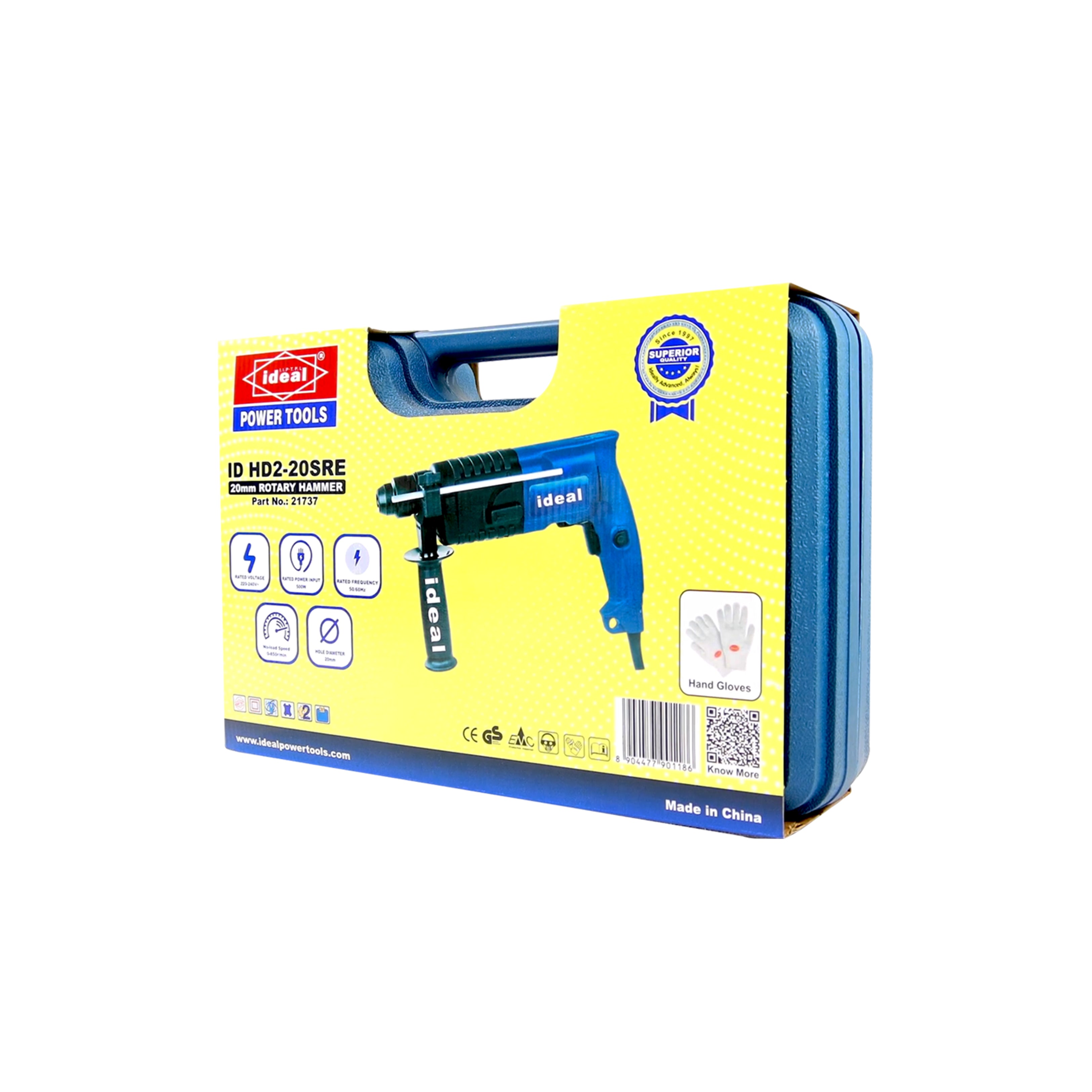 Yellow packaging of ID HD2-20SRE drill with blue accents on a white background