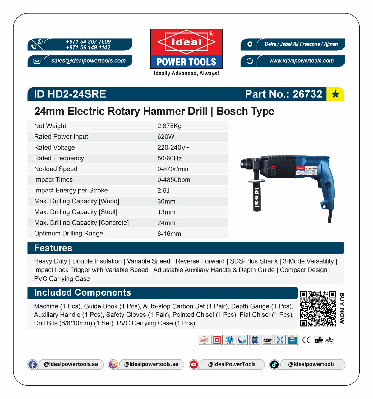 Product label for 24mm Electric Rotary Hammer Drill with Ideal Power Tools branding.
