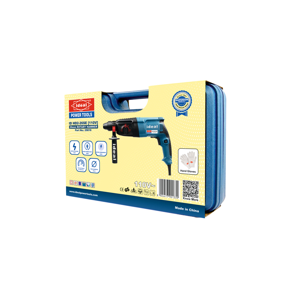 Packaging of a rotary hammer drill ID HD2-26SRE with visible branding and specifications on a white background